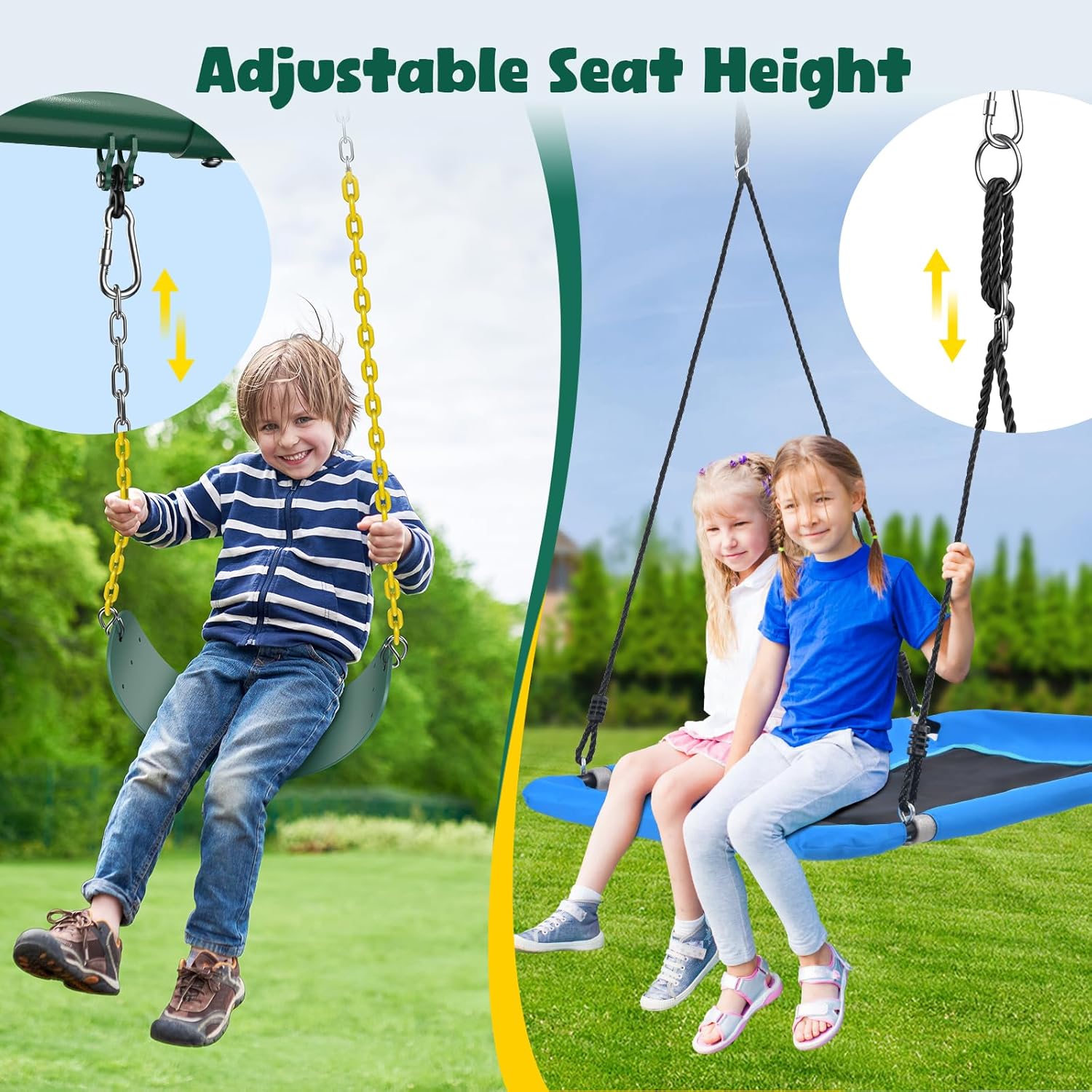 Hapfan 7.3ft Heavy Duty Swing Set with 3 Swings, Metal Frame