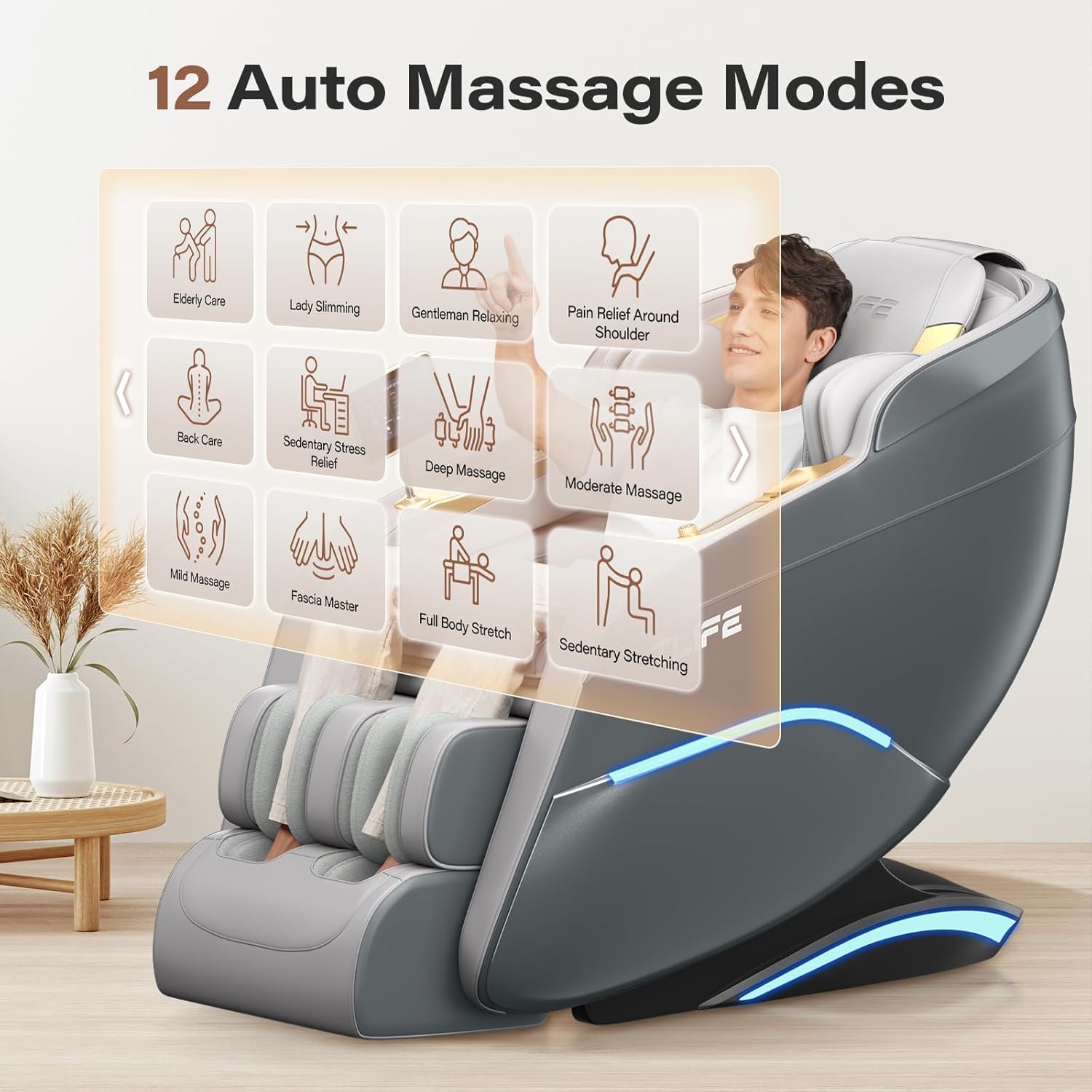 TLIFE Full Body Massage Chair, Zero Gravity, SL-Track, Foot Rollers, Heating, Grey
