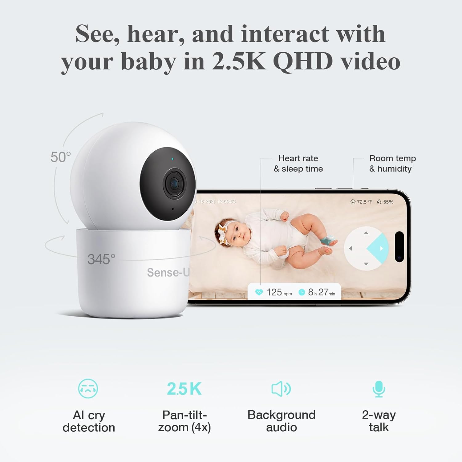 Sense-U Baby Sock Monitor Bundle with 2.5K PTZ Camera, AI Cry Detection