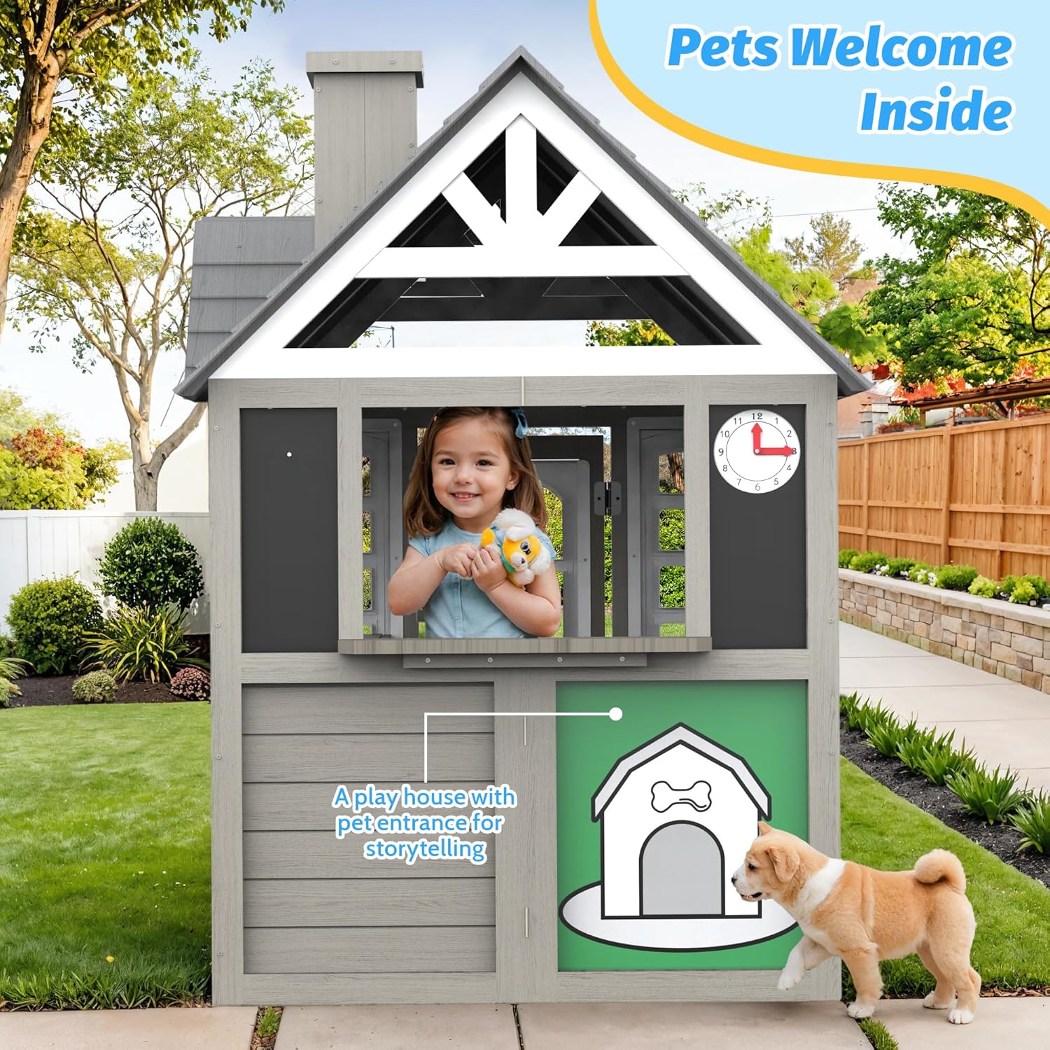 Kids Wooden Outdoor Playhouse with Kitchen & Accessories, Ages 3–8