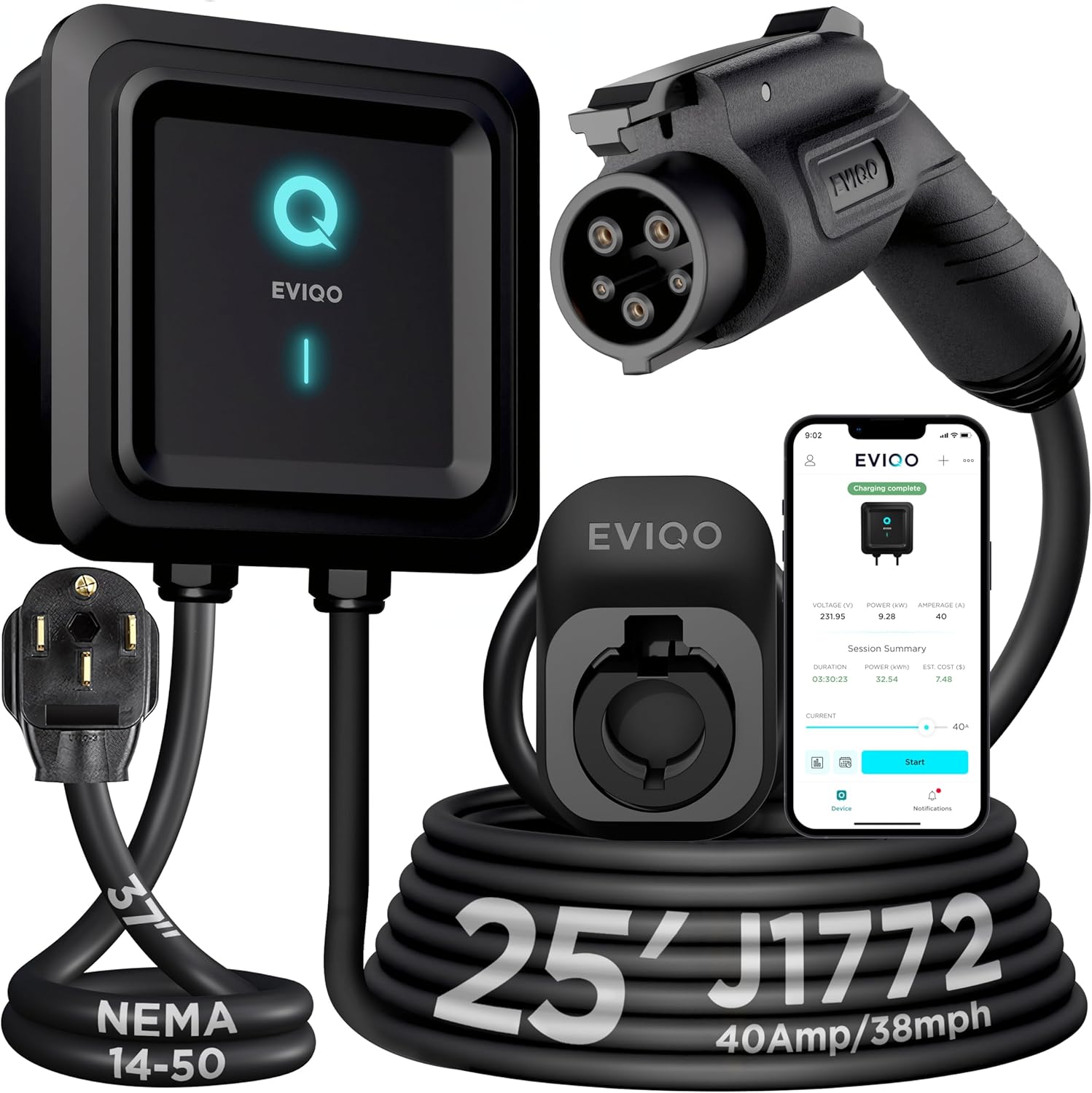 EVIQO Level 2 EV Charger, 40A, NEMA 14-50, J1772, Wi-Fi