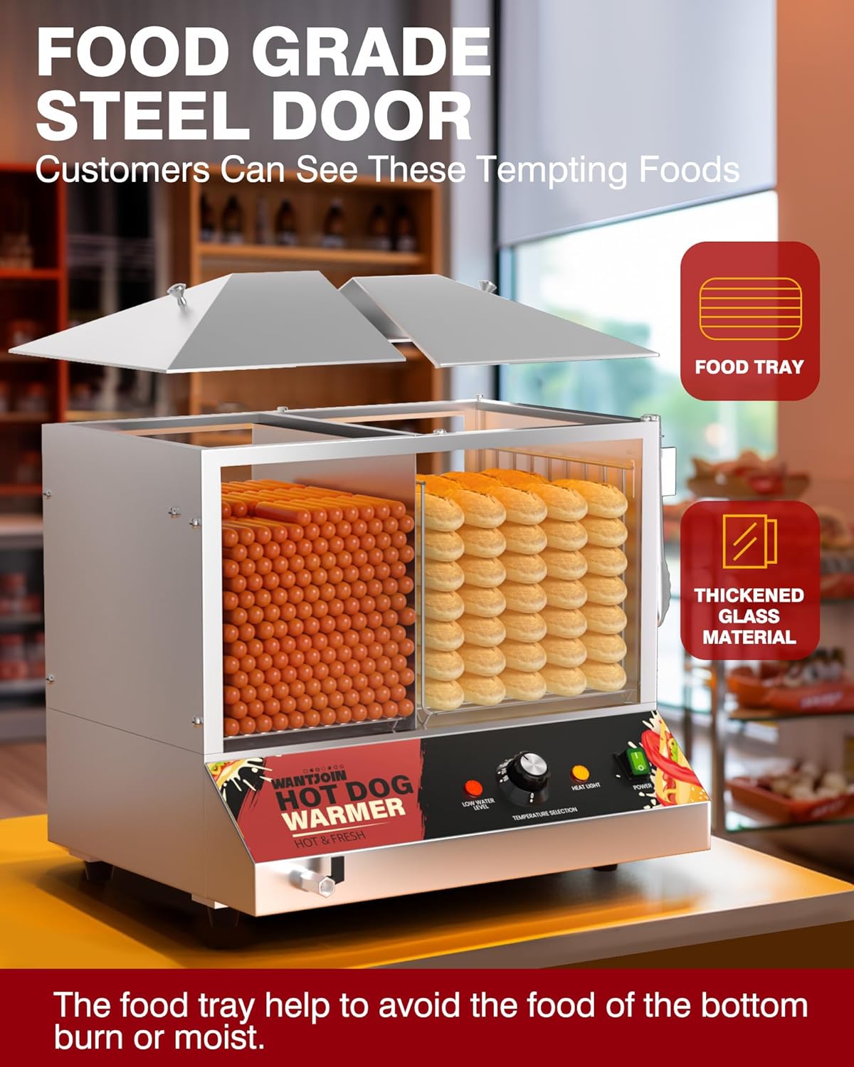 WantJoin 36L Commercial Hot Dog Steamer & Bun Warmer, 1200W