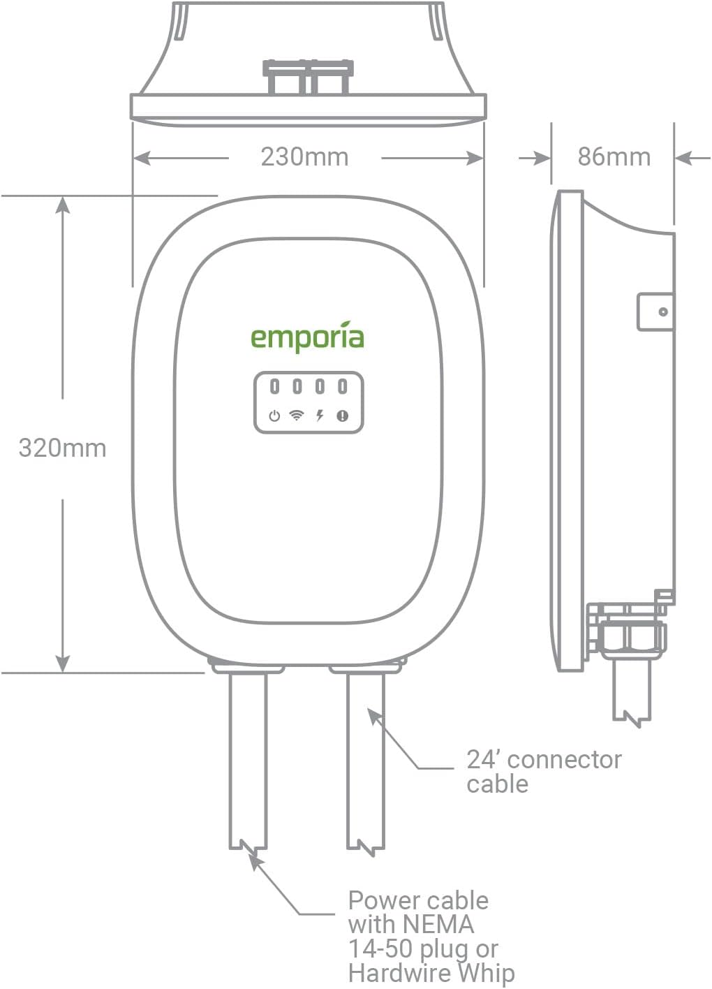 EMPORIA Level 2 EV Charger, 48A, WiFi, 25ft Cable, White