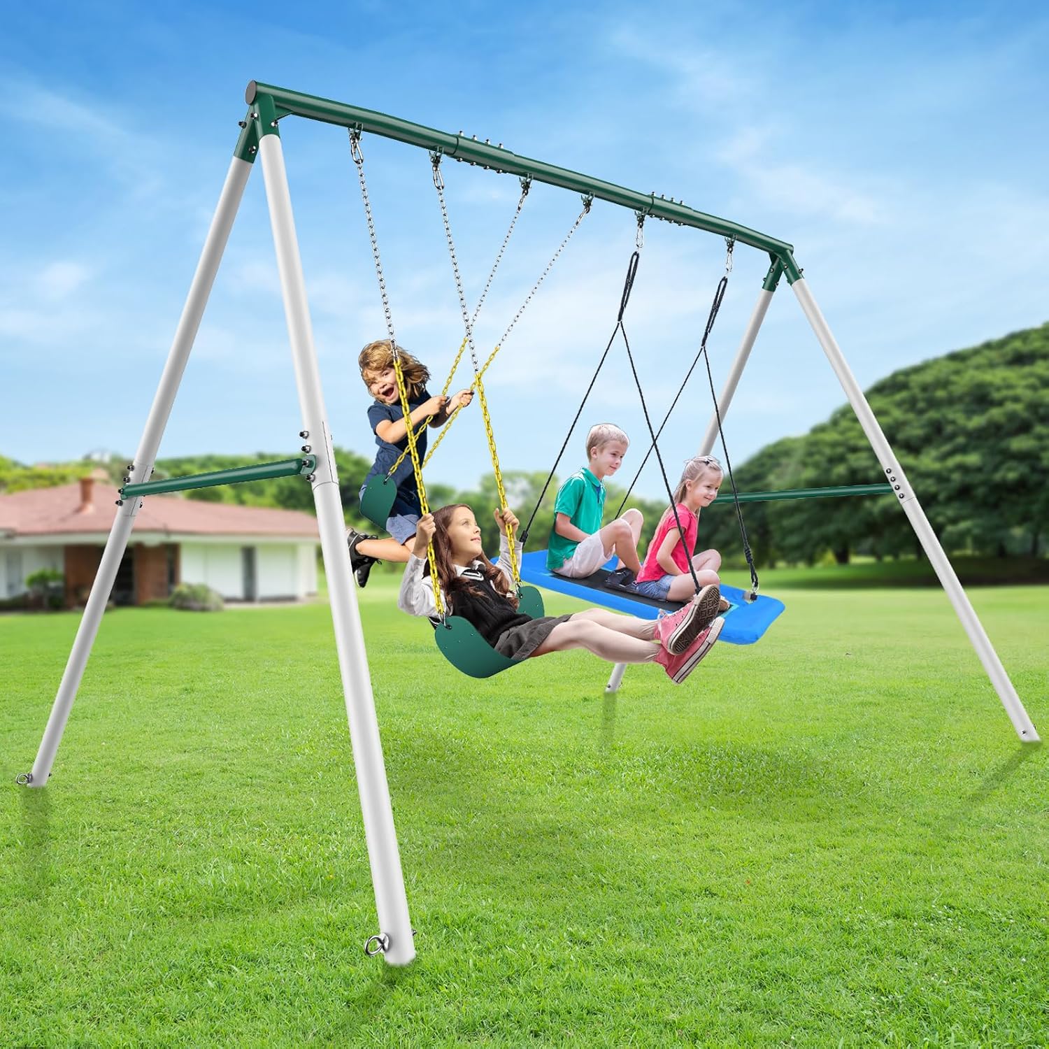 Hapfan 7.3ft Heavy Duty Swing Set with 3 Swings, Metal Frame