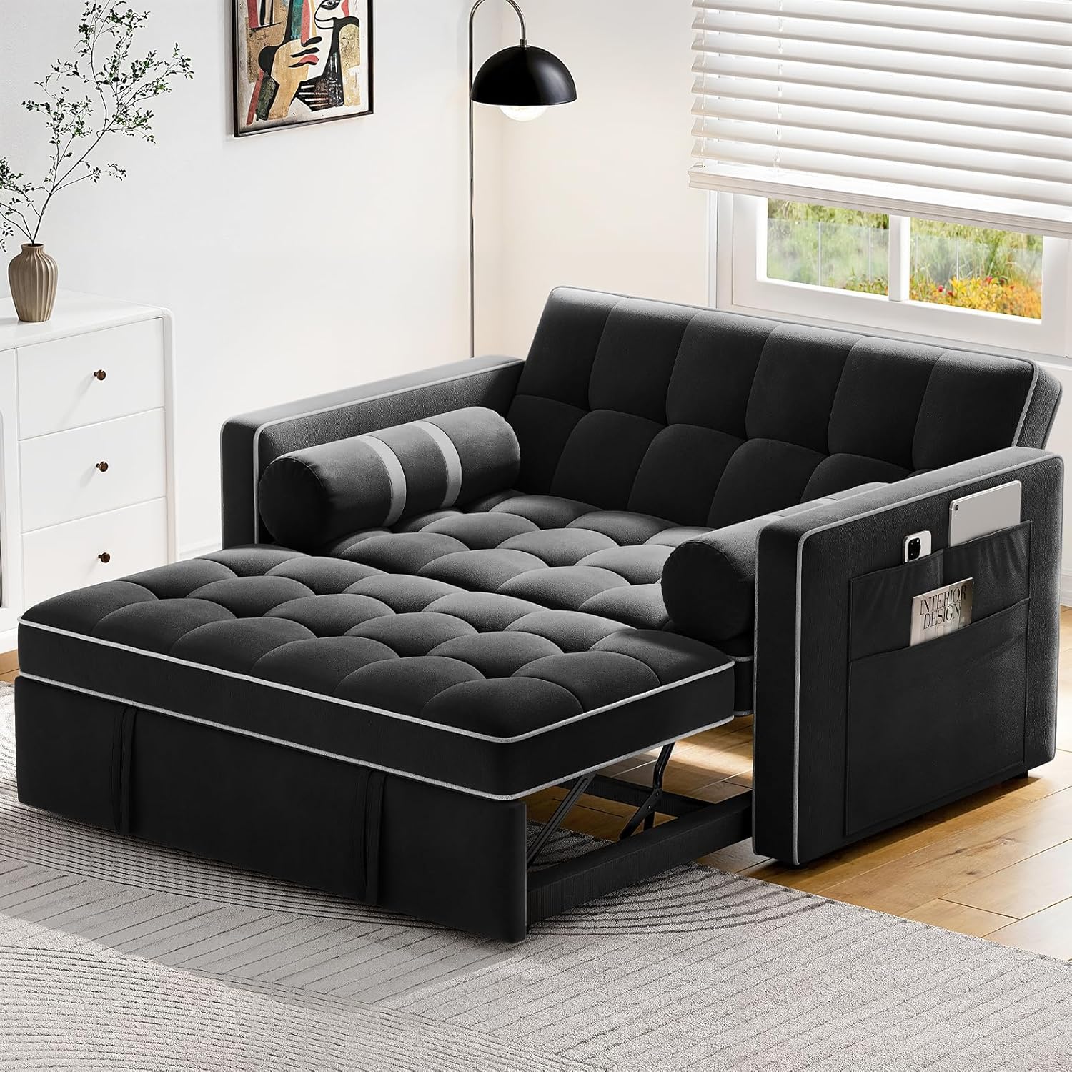 Pipishell 3-in-1 Sleeper Sofa Bed with USB & Side Pockets, Black
