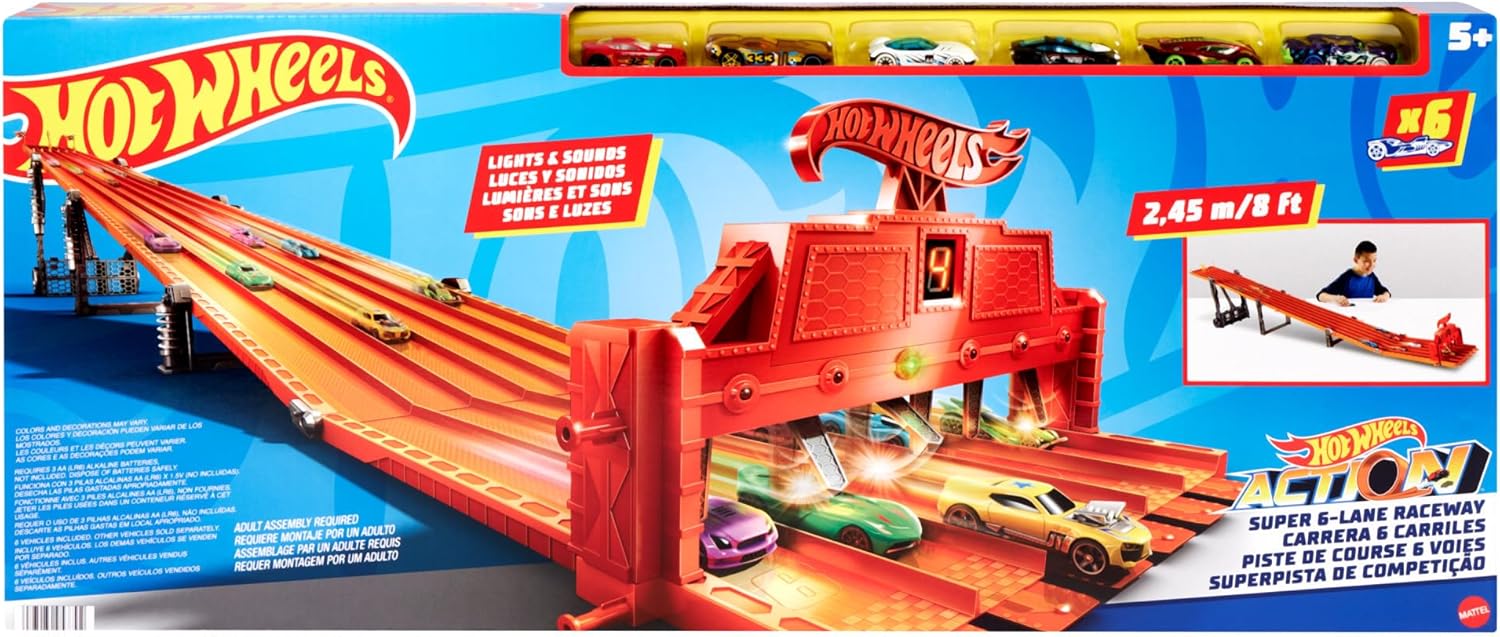 Hot Wheels Super 6-Lane Raceway Track Set, Lights & Sounds, 6 Cars