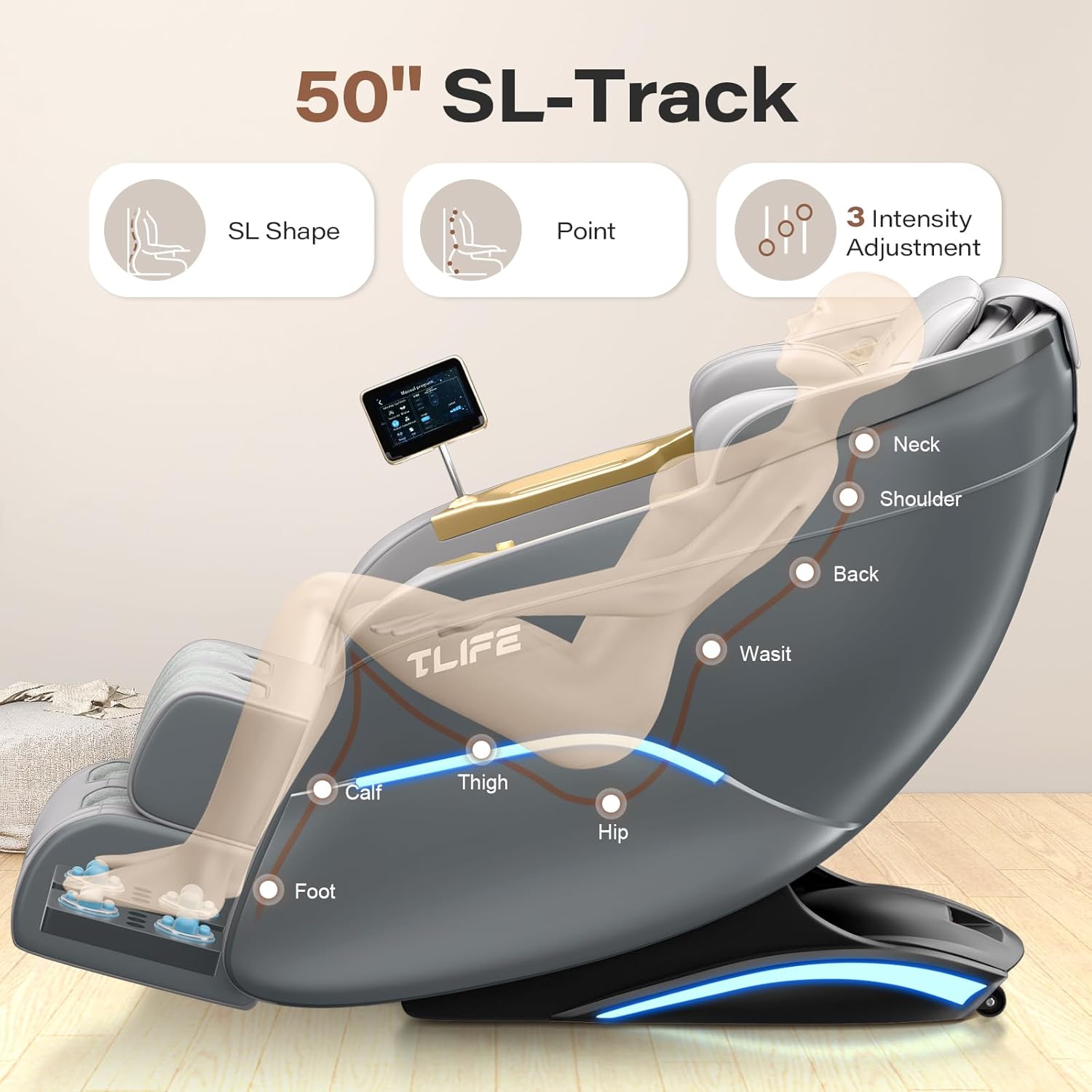 TLIFE Full Body Massage Chair, Zero Gravity, SL-Track, Foot Rollers, Heating, Grey
