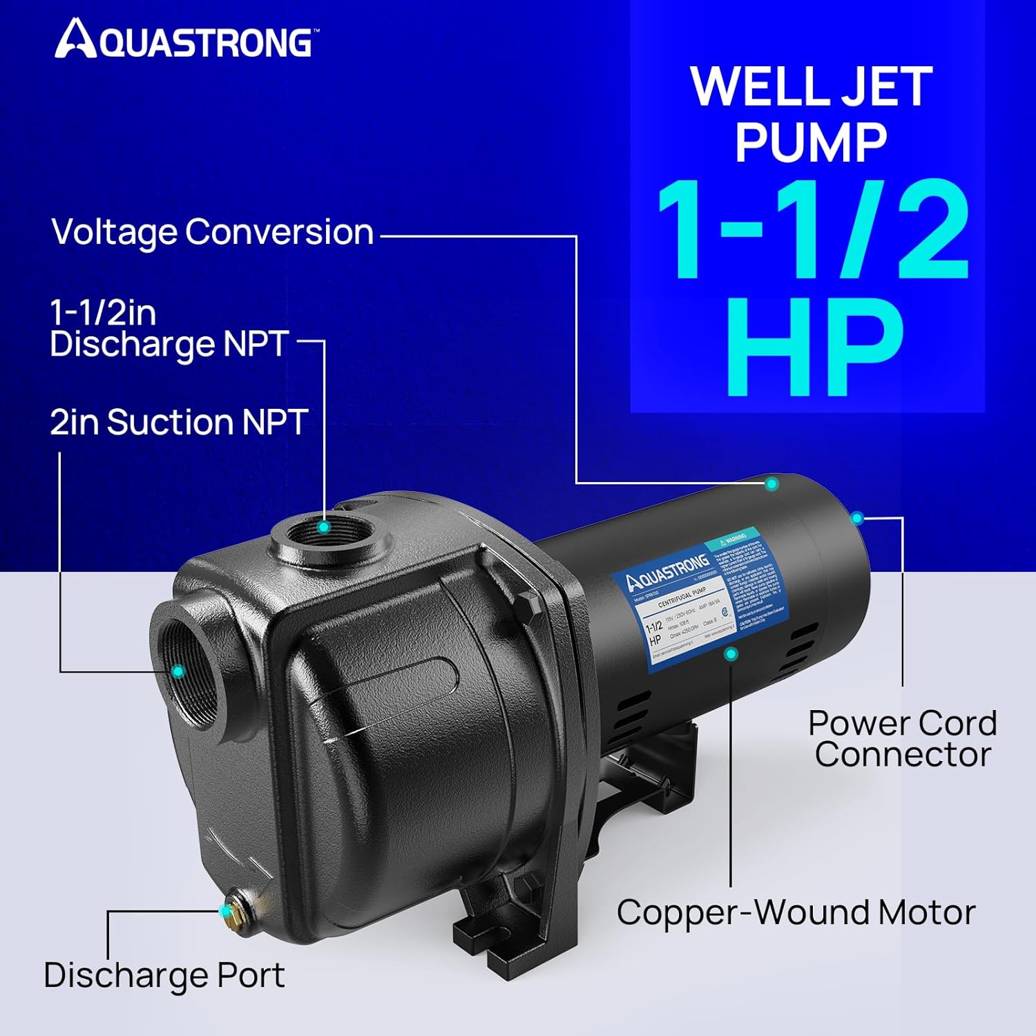 AQUASTRONG 1.5 HP Jet Pump, 4250 GPH, Cast Iron, 115/230V