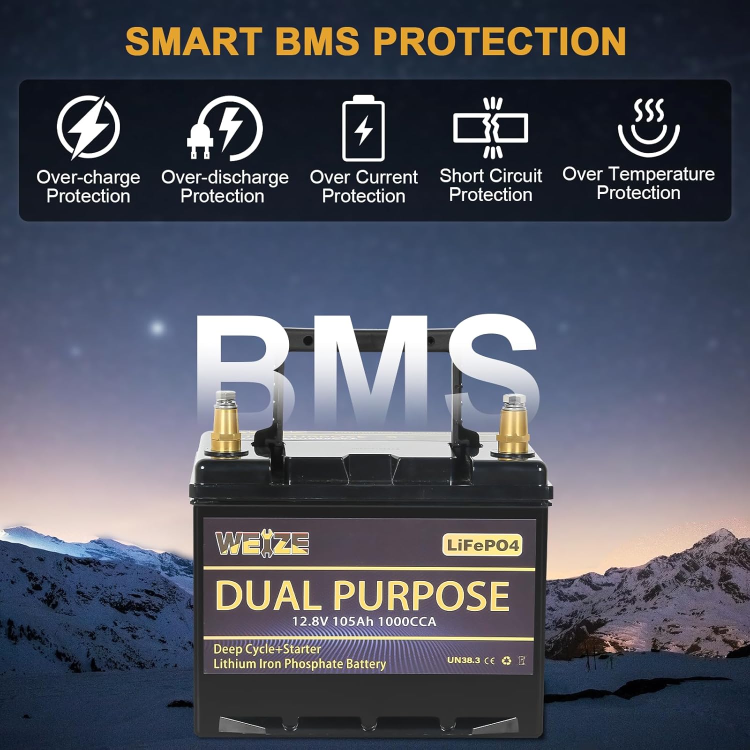 WEIZE 12V 105AH LiFePO4 Battery, Dual Purpose, Smart BMS