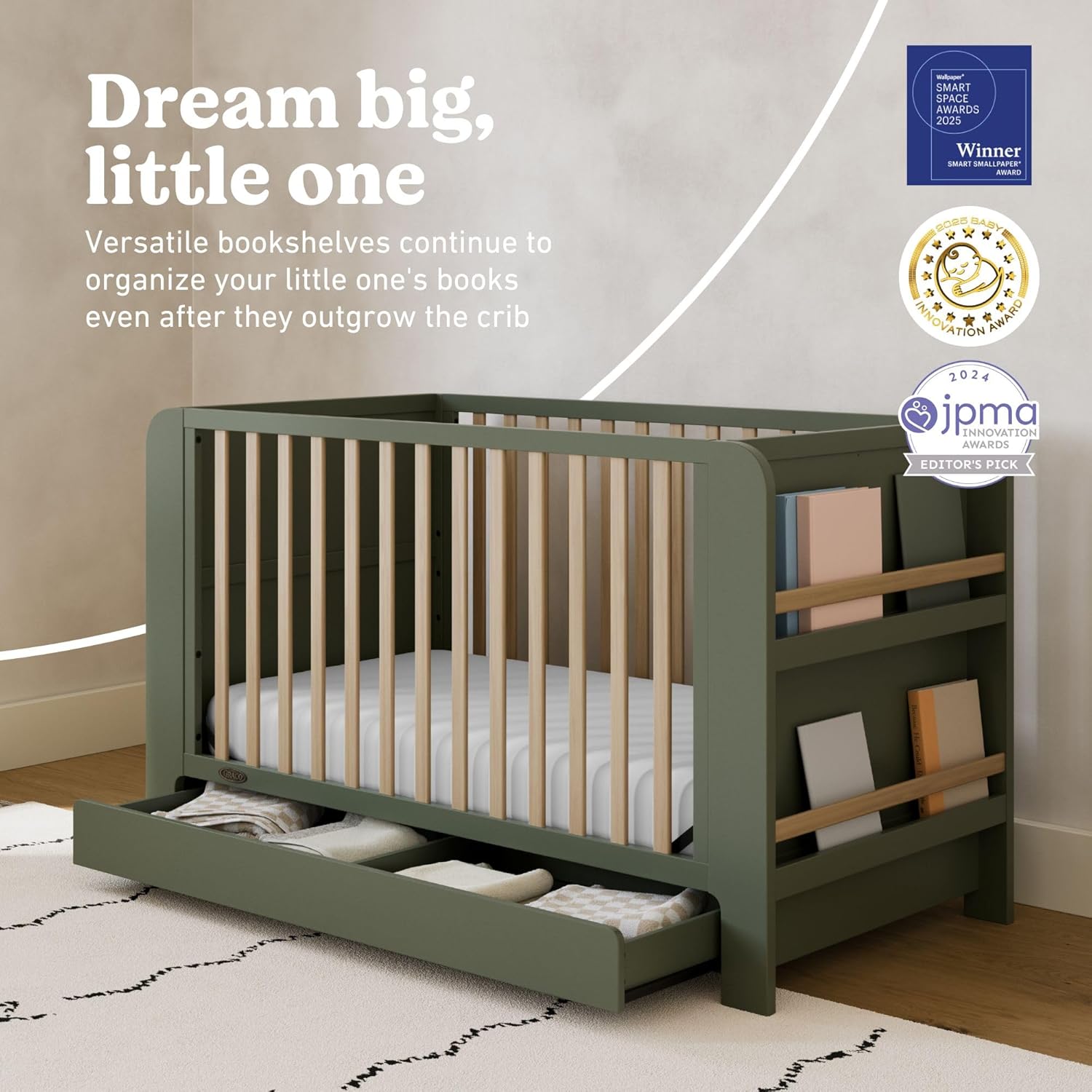 Graco Read-with-Me 4-in-1 Convertible Crib with Drawer, Olive/Driftwood