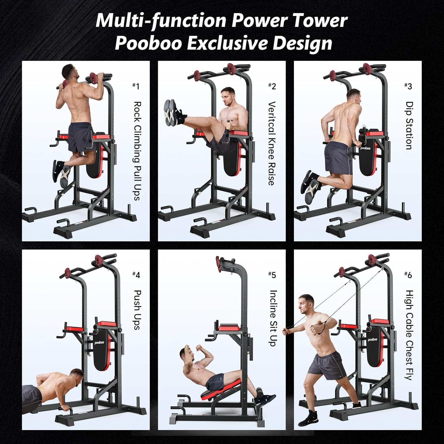 Pooboo Power Tower Dip Station, Pull-Up Bar, Supine Board, Adjustable