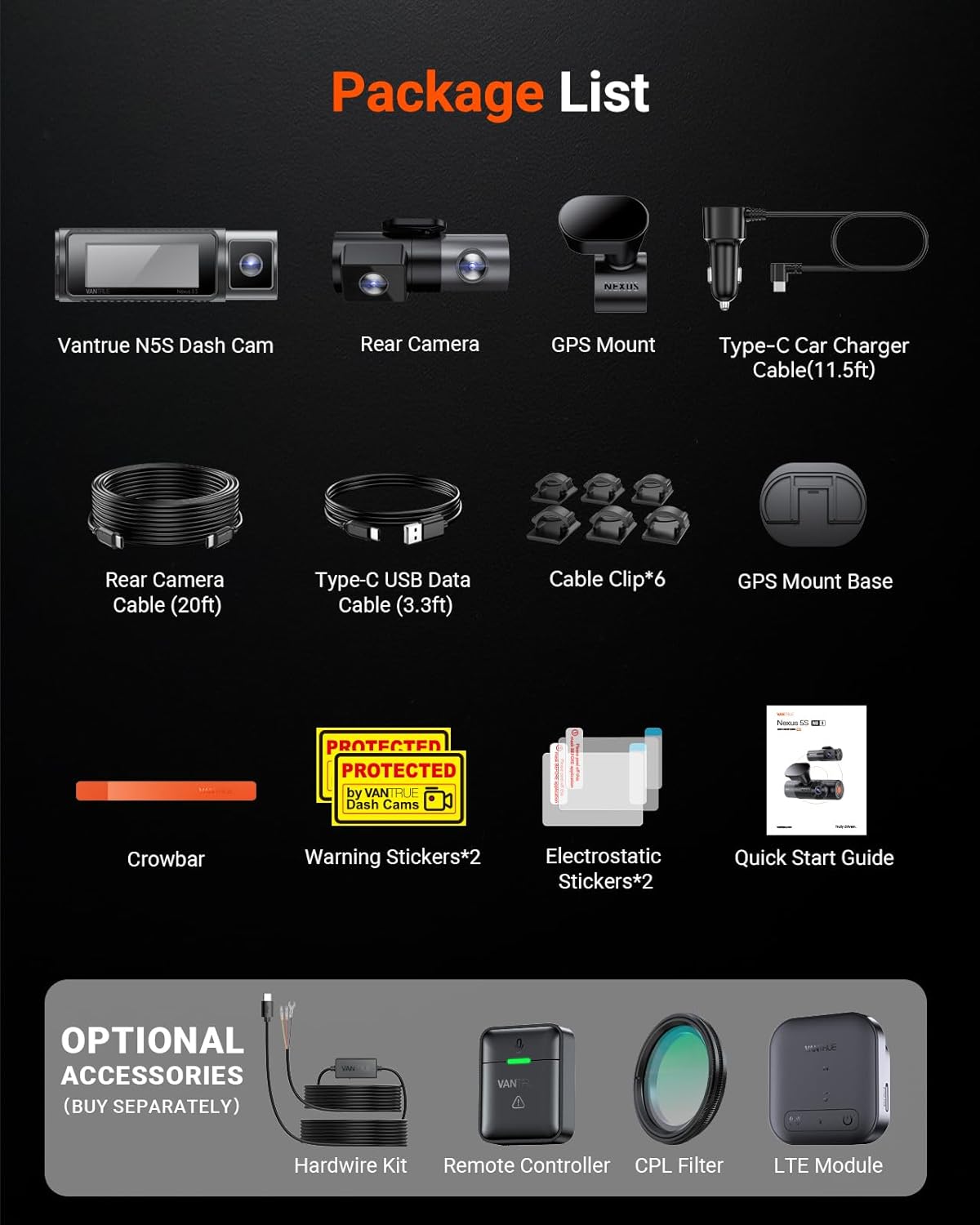 Vantrue N5S 360° WiFi Dash Cam, STARVIS 2, GPS, LTE, 1TB Support