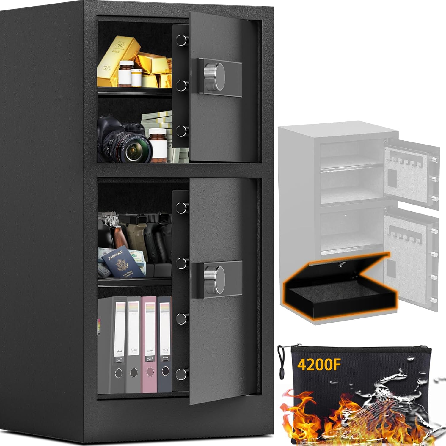 8.6 Cuft Dual Door Safe Box, Fireproof, Waterproof, Removable Shelves