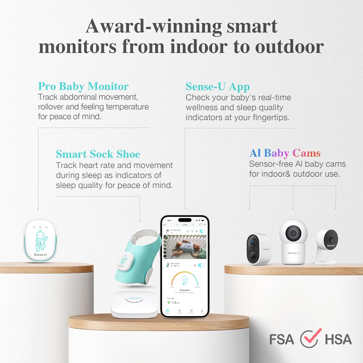 Sense-U Baby Sock Monitor Bundle with 2.5K PTZ Camera, AI Cry Detection