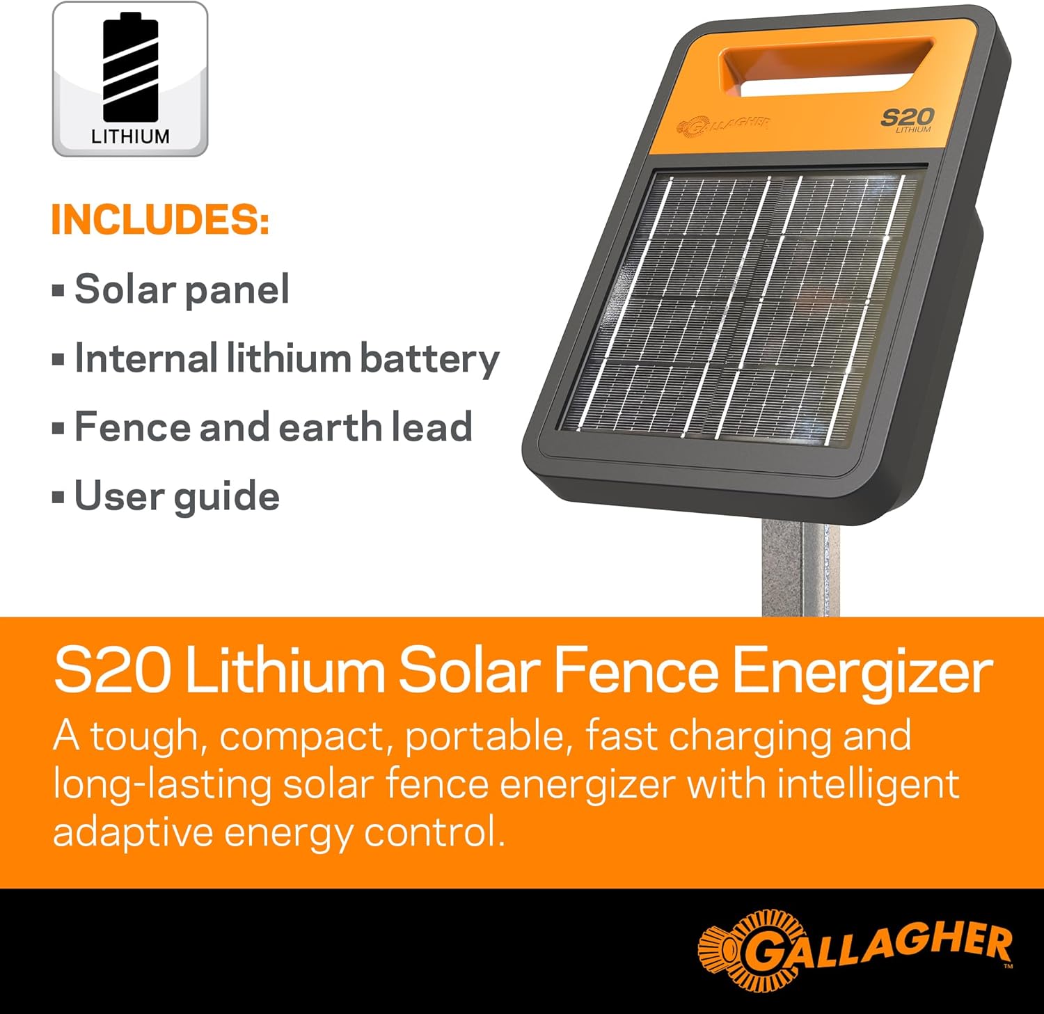 Gallagher S20 Solar Fence Charger, Powers 2 Miles, 0.2 Joule, Lithium Battery