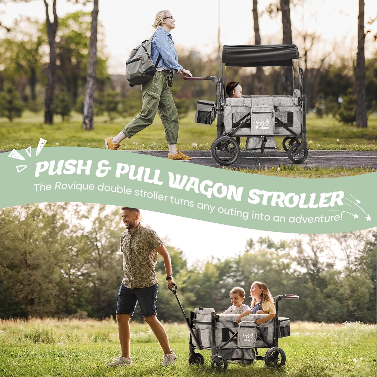 Wagon Stroller for 2 Kids, Canopy, Bassinet, Tray, All-Terrain Wheels