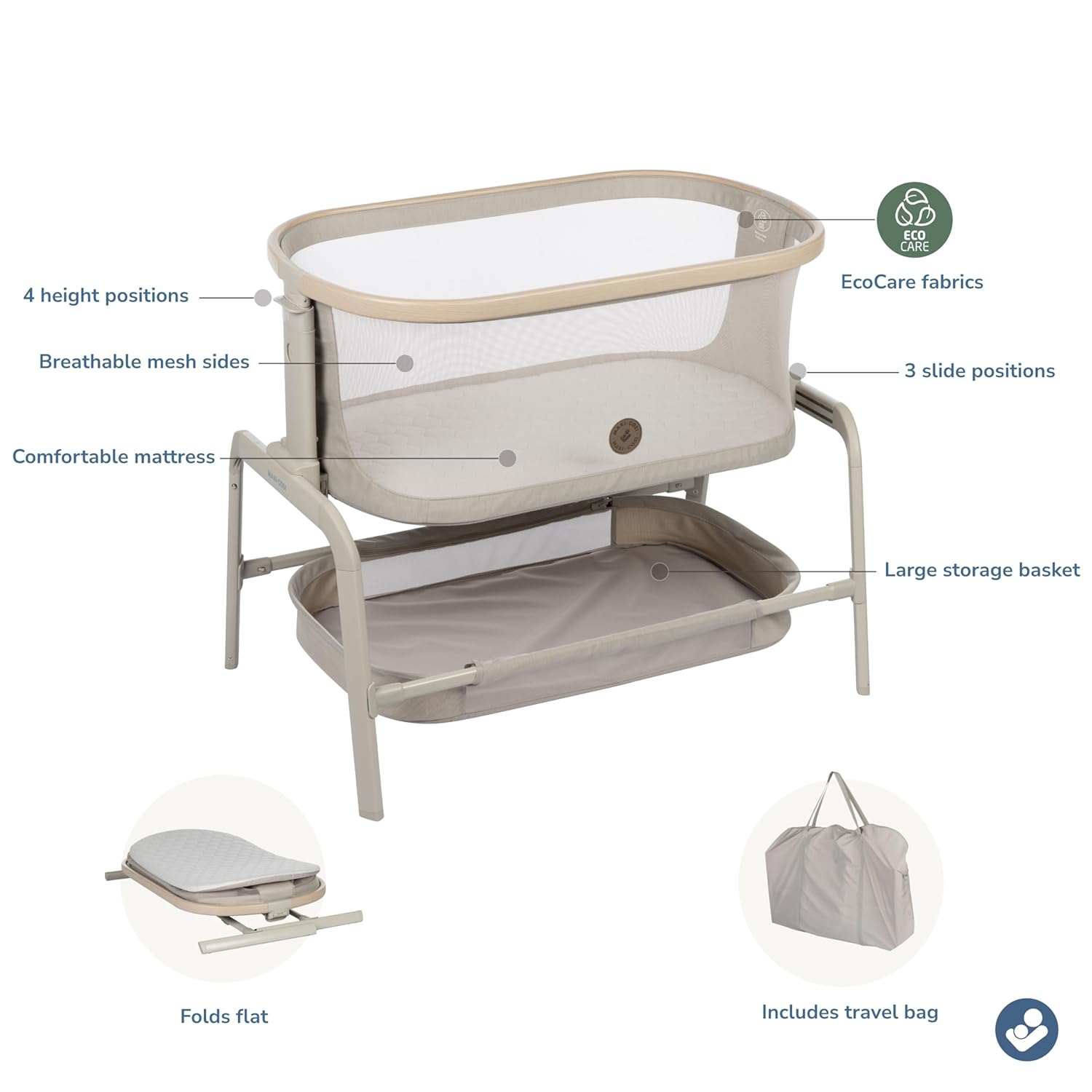 Maxi-Cosi Iora Bedside Sleeper Bassinet, Adjustable Height, Classic Oat
