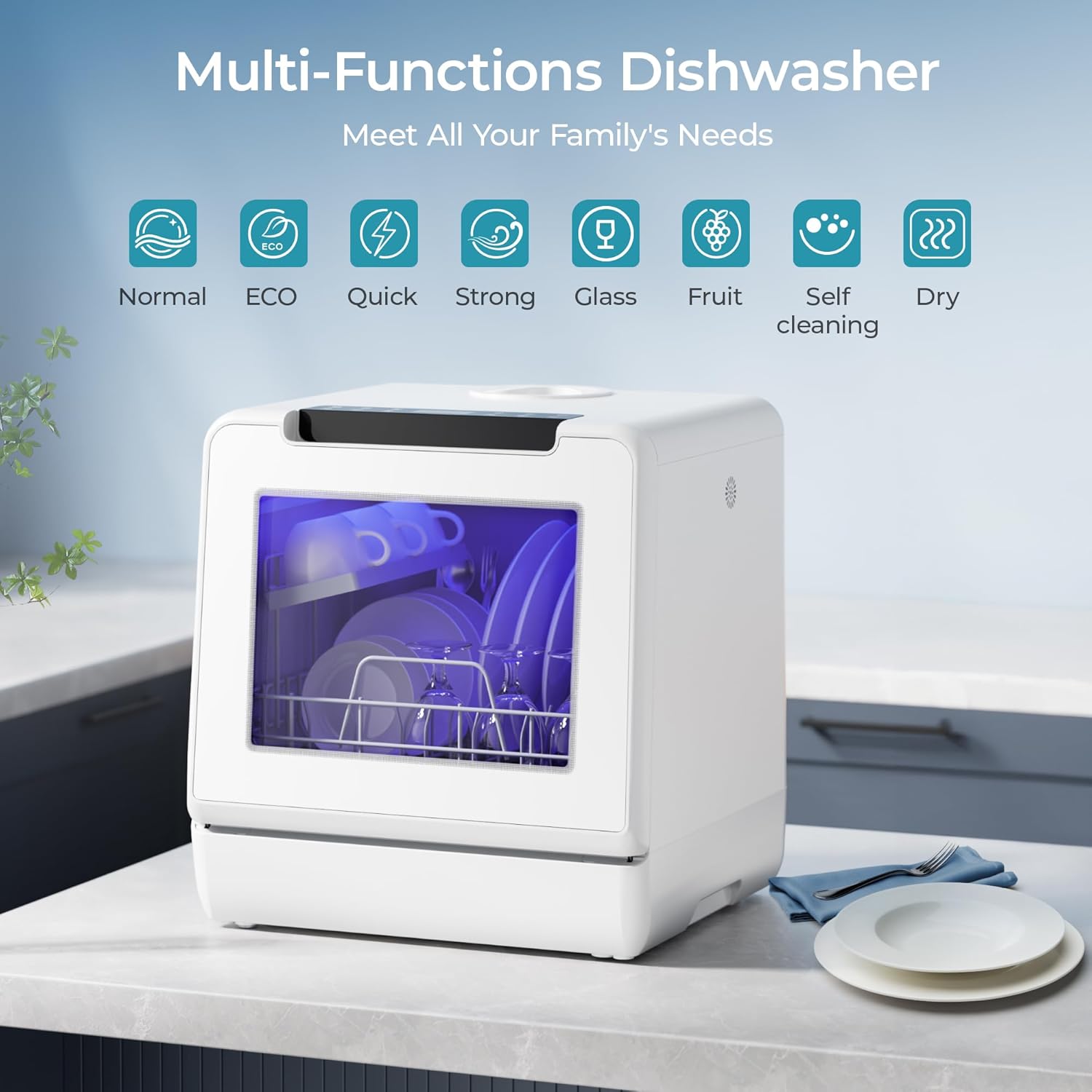 EUHOMY Portable Countertop Dishwasher, 8 Programs, 5L Tank