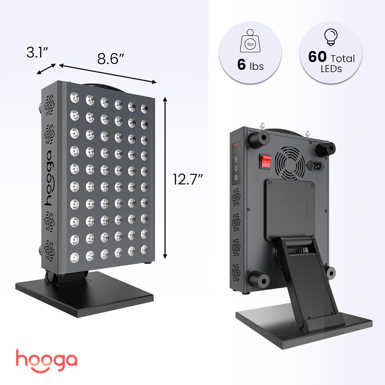 Hooga PRO300 Red Light Therapy Panel, 60 LEDs, Timer & Stand