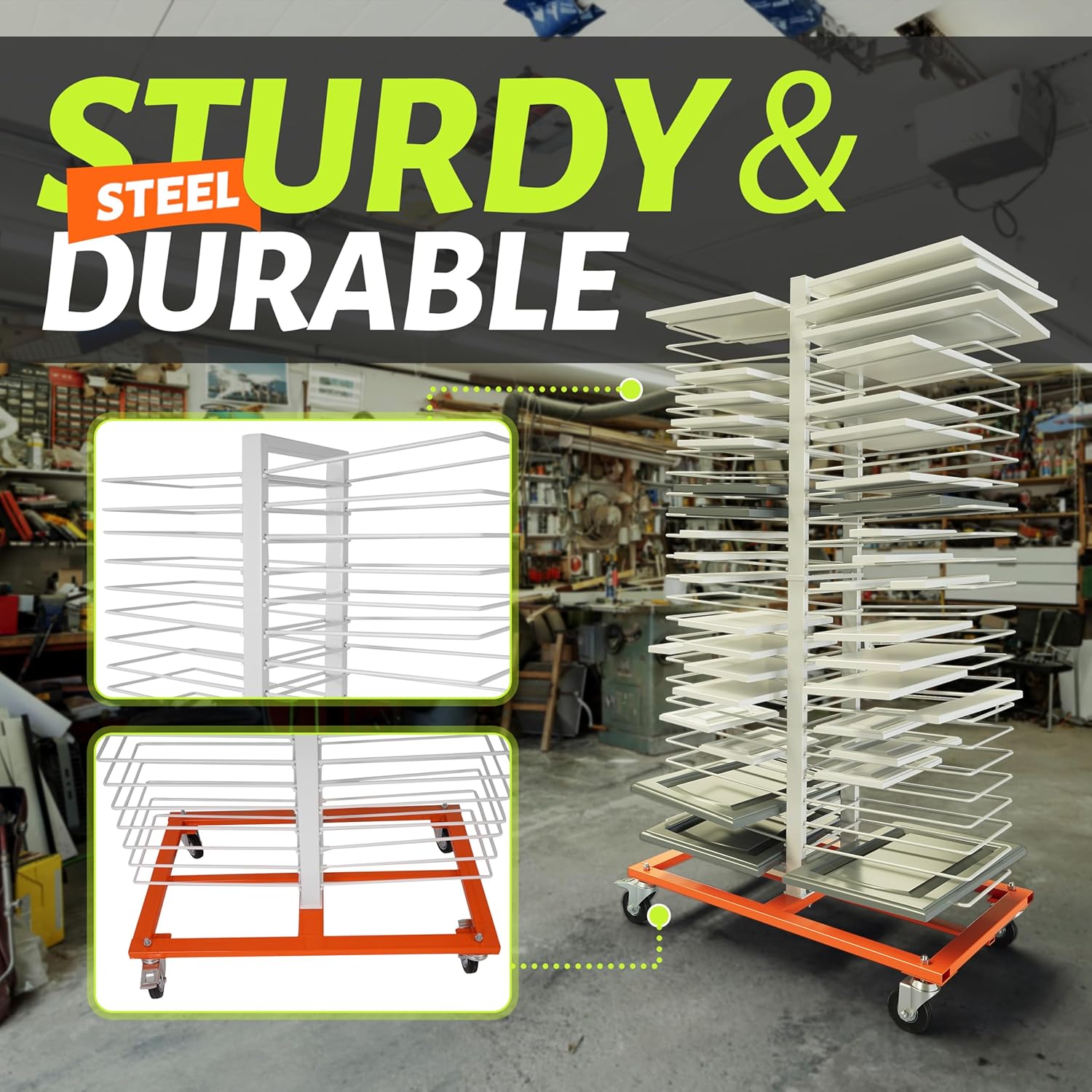 50-Shelf Paint Drying Rack with Wheels, 25lbs/Shelf, Orange/White