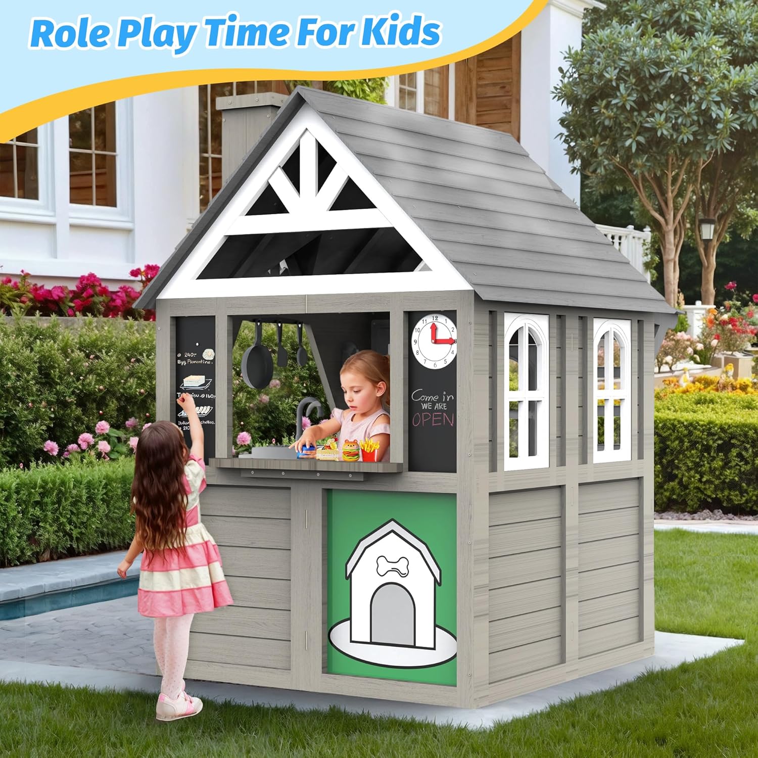 Kids Wooden Outdoor Playhouse with Kitchen & Accessories, Ages 3–8