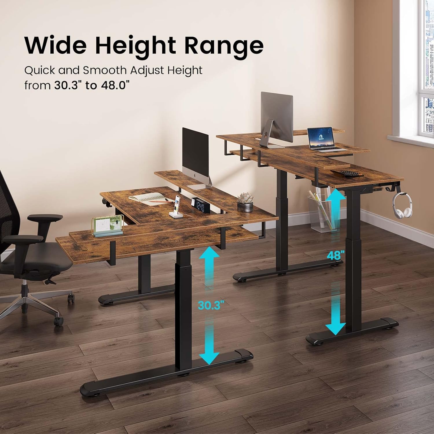Rolanstar L-Shaped Electric Standing Desk, LED, Dual Motor, 61.2
