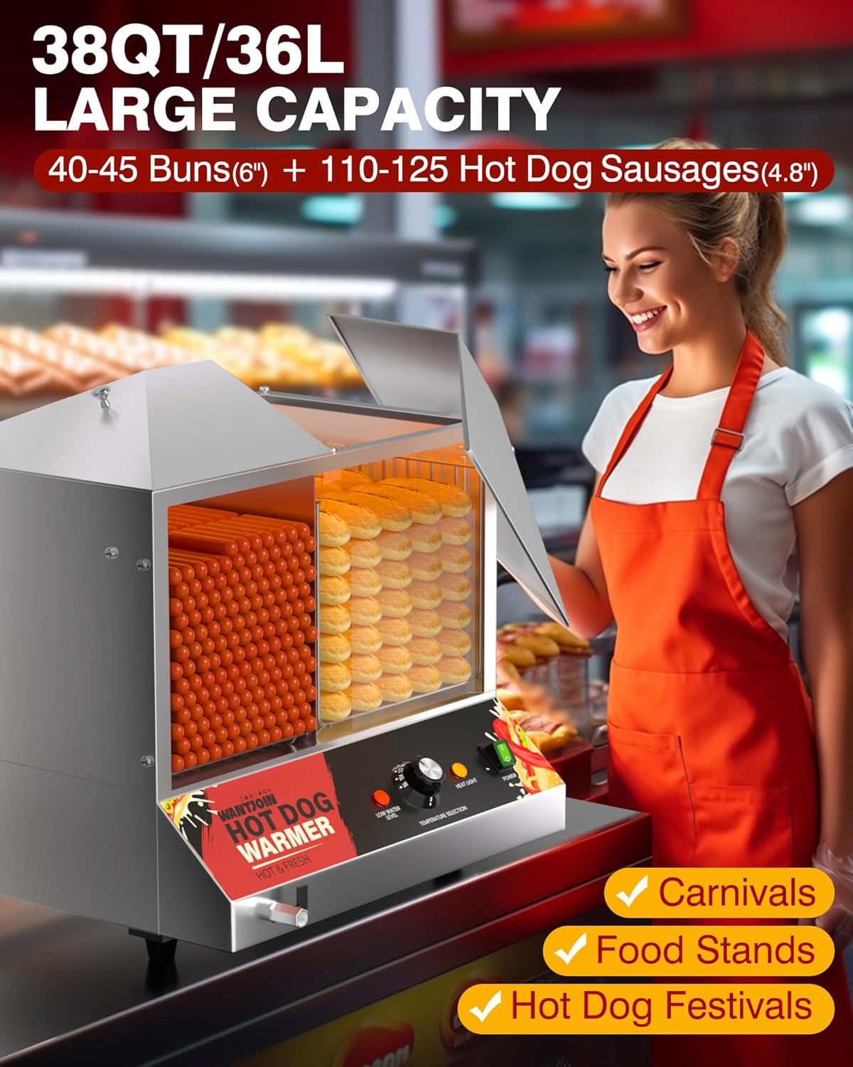 WantJoin 36L Commercial Hot Dog Steamer & Bun Warmer, 1200W