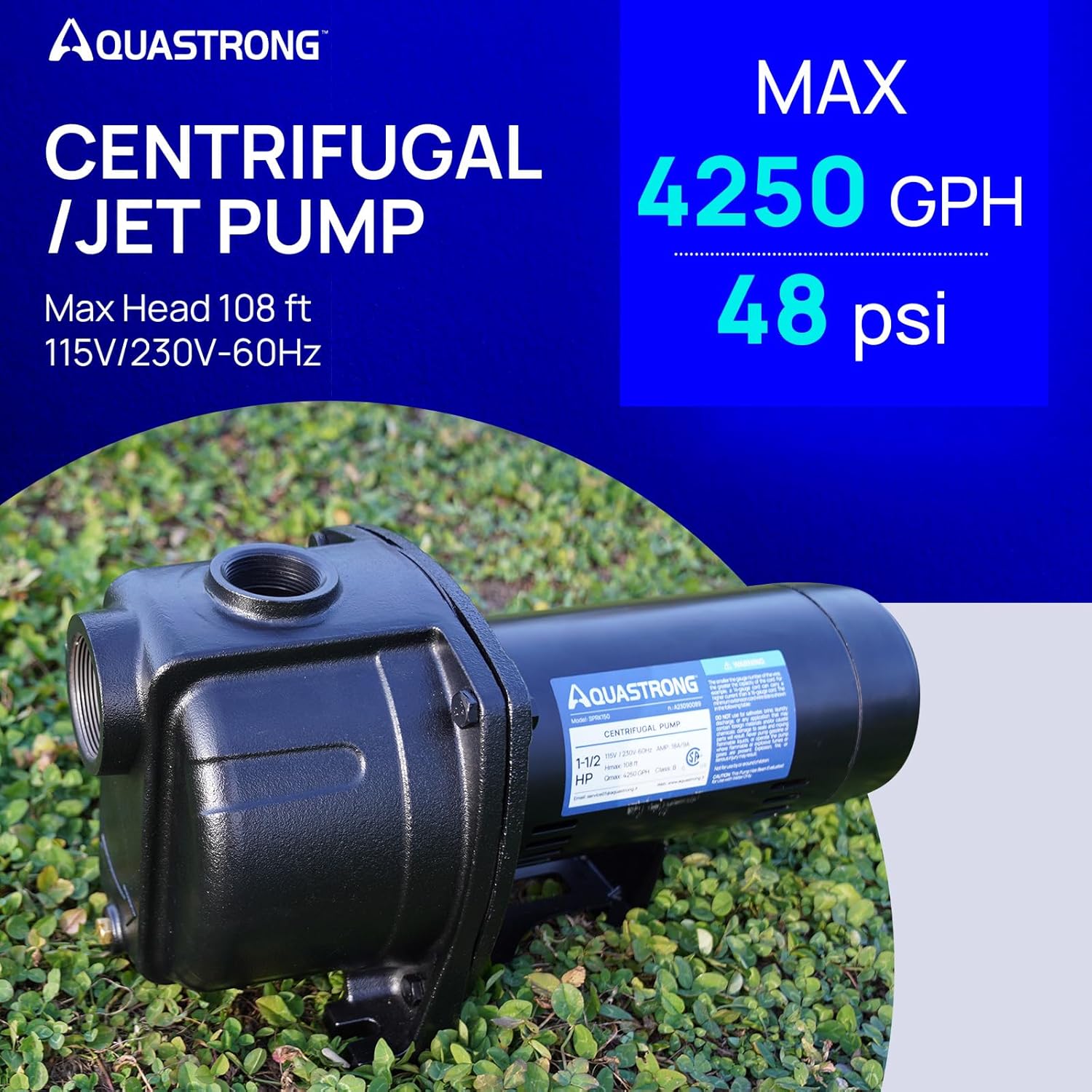 AQUASTRONG 1.5 HP Jet Pump, 4250 GPH, Cast Iron, 115/230V