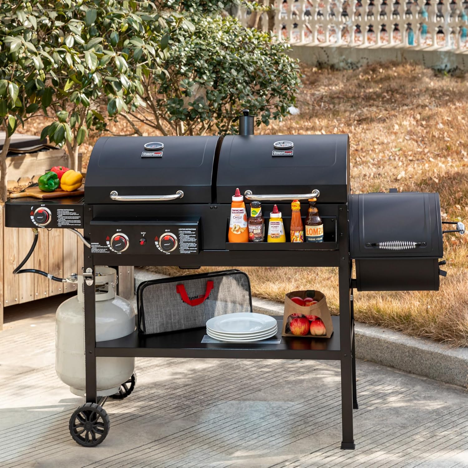 2-Burner Gas & Charcoal Combo Grill with Smoker & Side Burner, 34,000 BTU, 1020 Sq In, Black