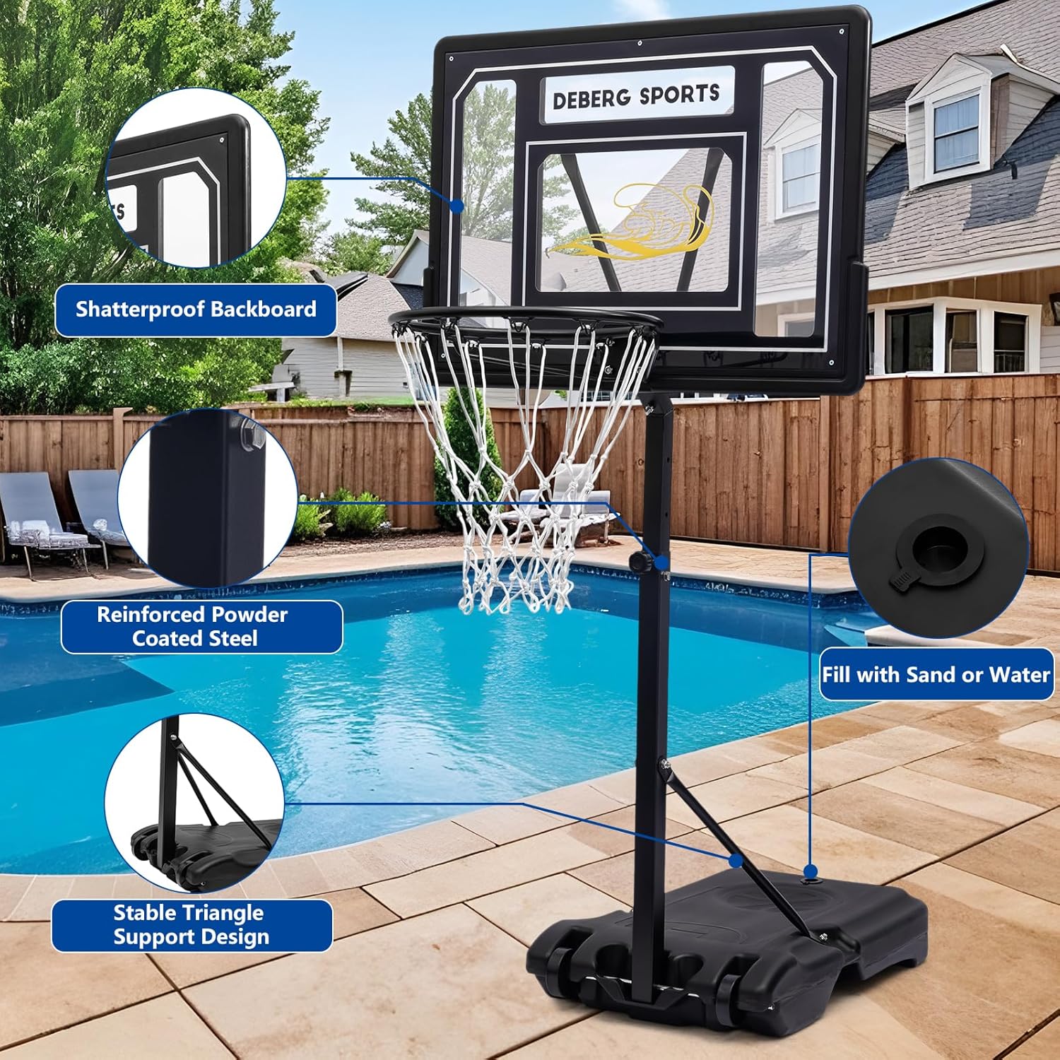 DEBERG Pool Basketball Hoop Set, Adjustable, Shatterproof Backboard