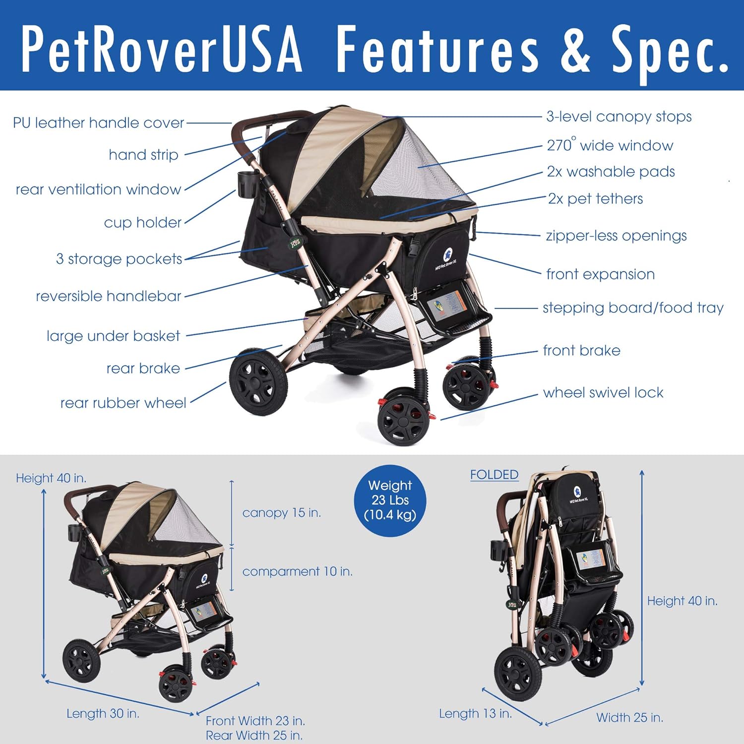 XL Heavy Duty Pet Stroller Travel Carriage, Taupe, 2nd Gen