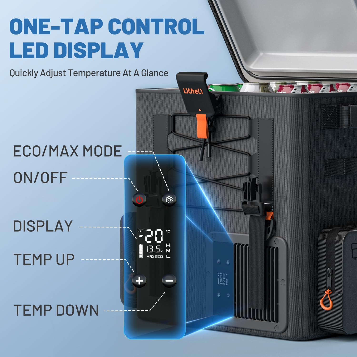 LiTHELi 12V 21Qt Car Refrigerator with 2 Batteries, SE Grey