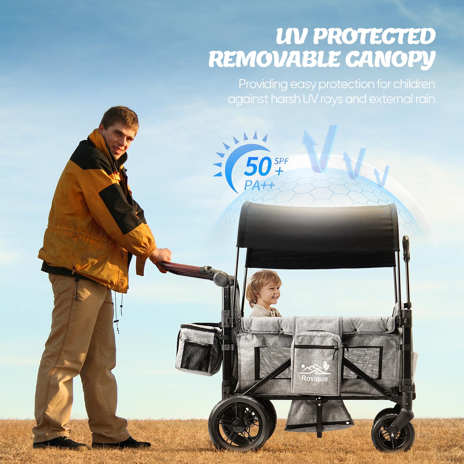 Wagon Stroller for 2 Kids, Canopy, Bassinet, Tray, All-Terrain Wheels