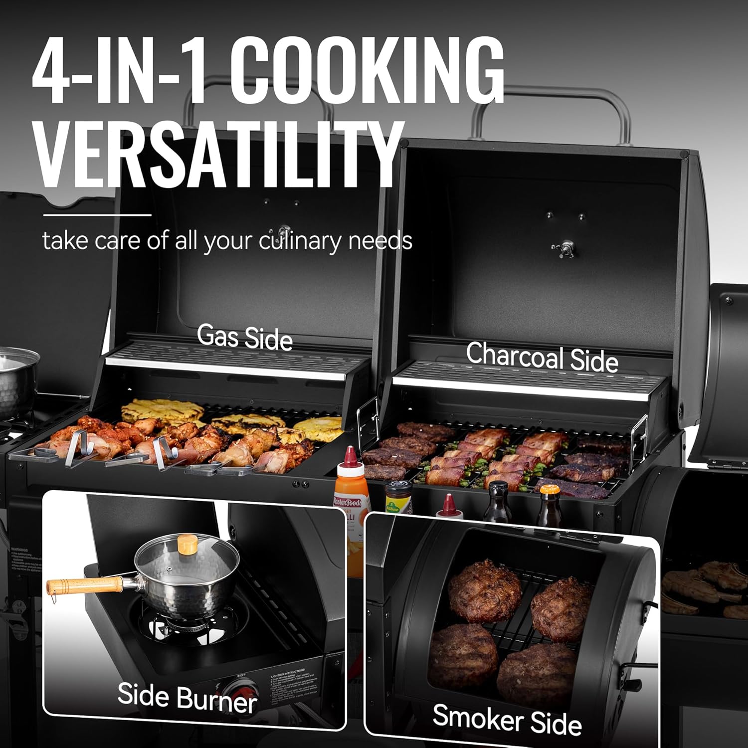 2-Burner Gas & Charcoal Combo Grill with Smoker & Side Burner, 34,000 BTU, 1020 Sq In, Black
