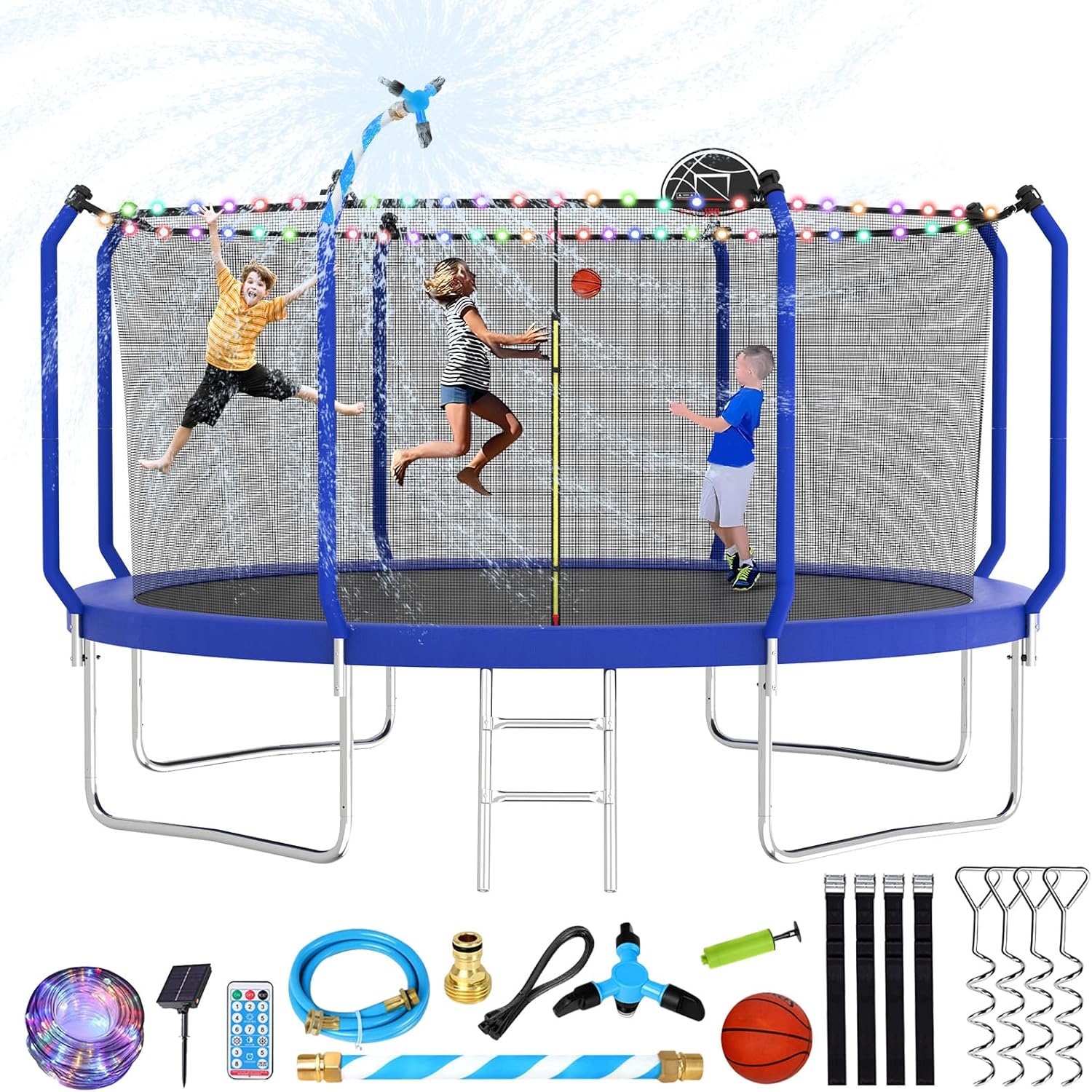 Upgraded Backyard Trampoline with Hoop, Light, Sprinkler, 8–14FT
