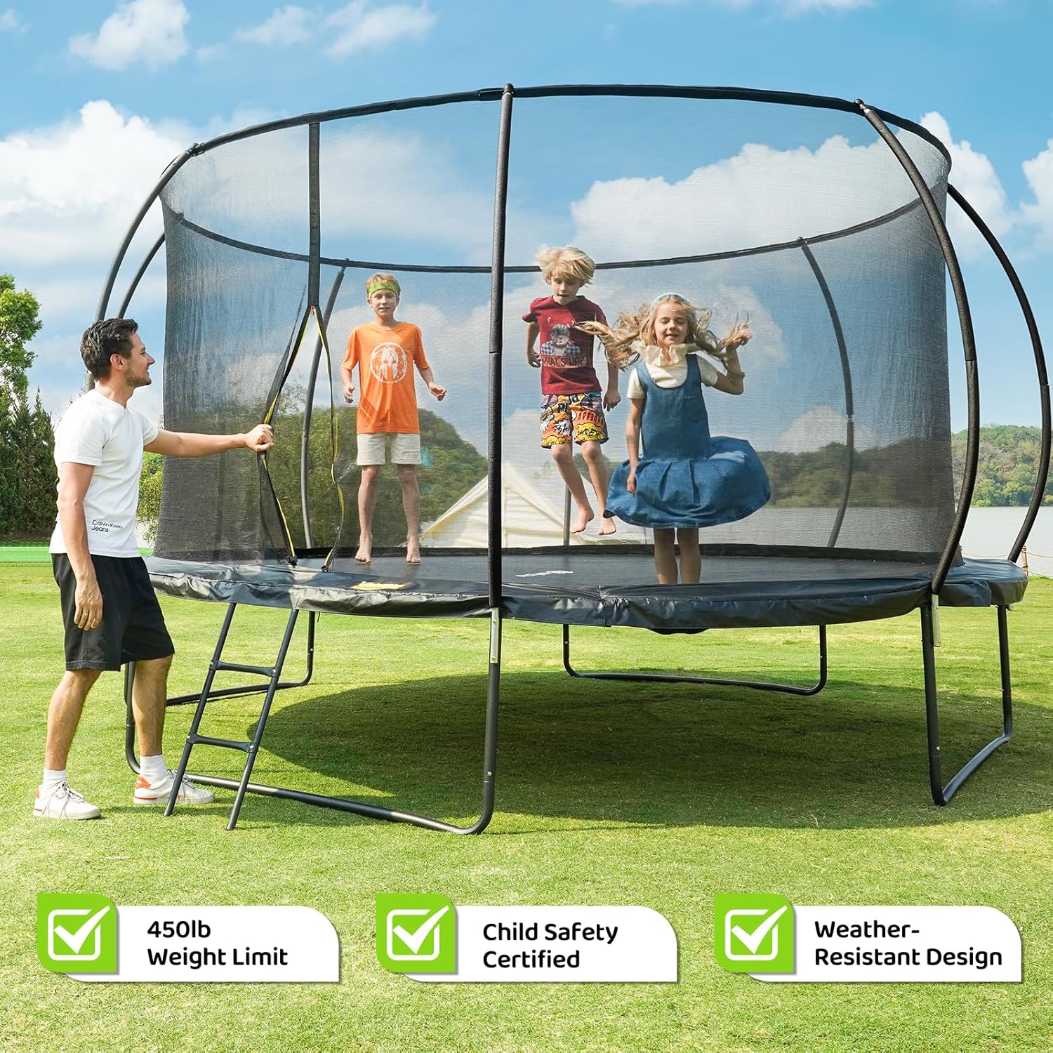 Gigu Recreational Trampoline with Net & Ladder, 10–14FT, ASTM Approved
