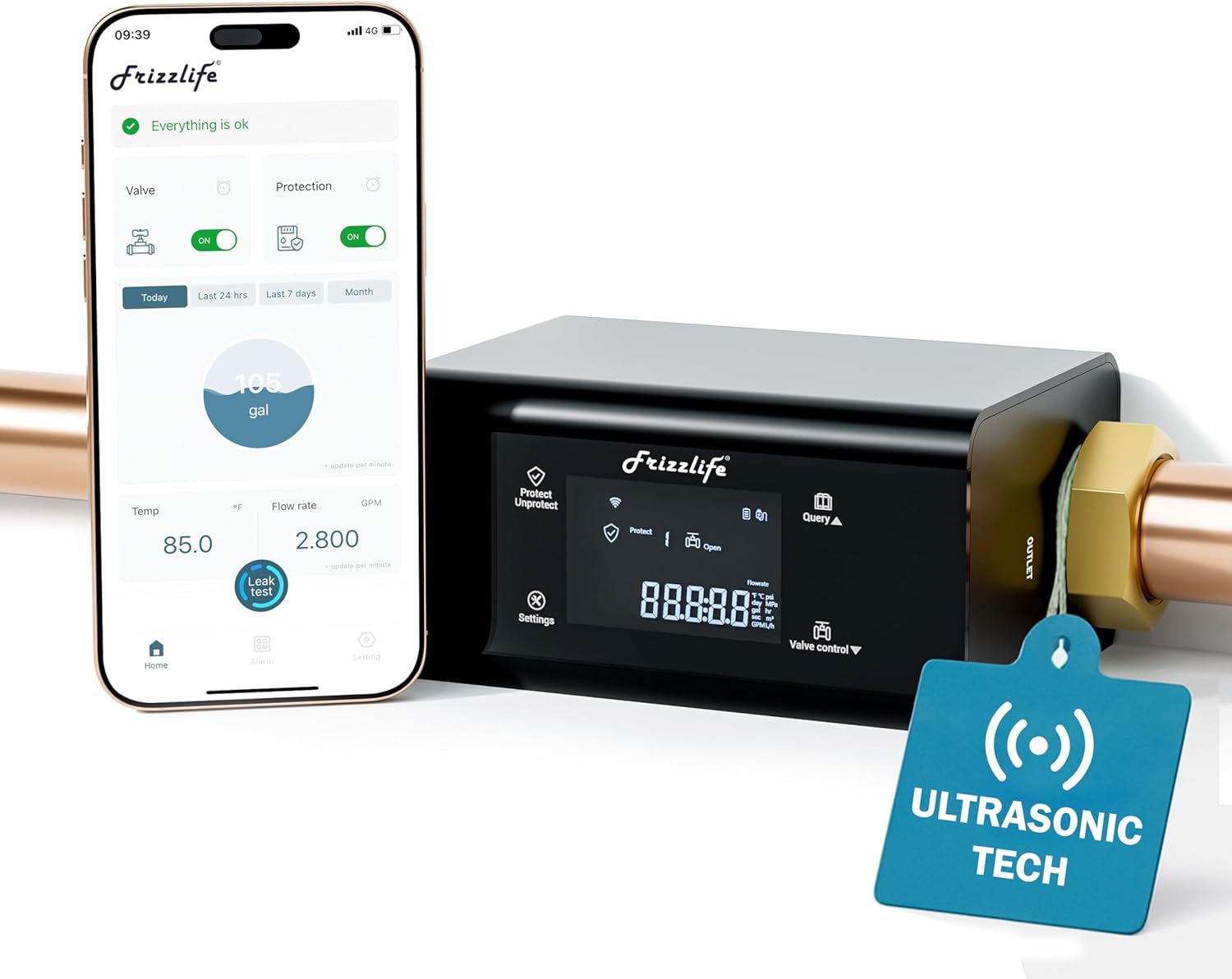 Frizzlife LP365 Smart Water Monitor with Leak Detection, Wi-Fi