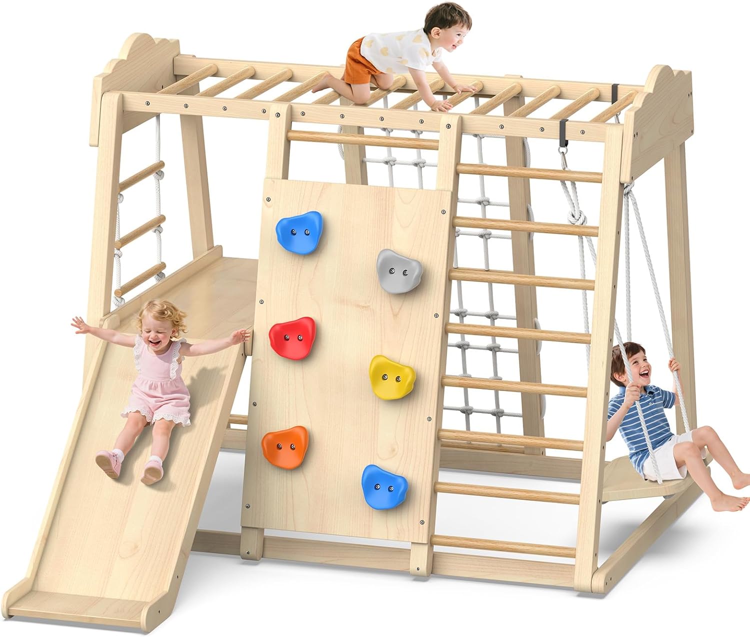 8-in-1 Indoor Wooden Jungle Gym with Slide, Swing & Monkey Bars
