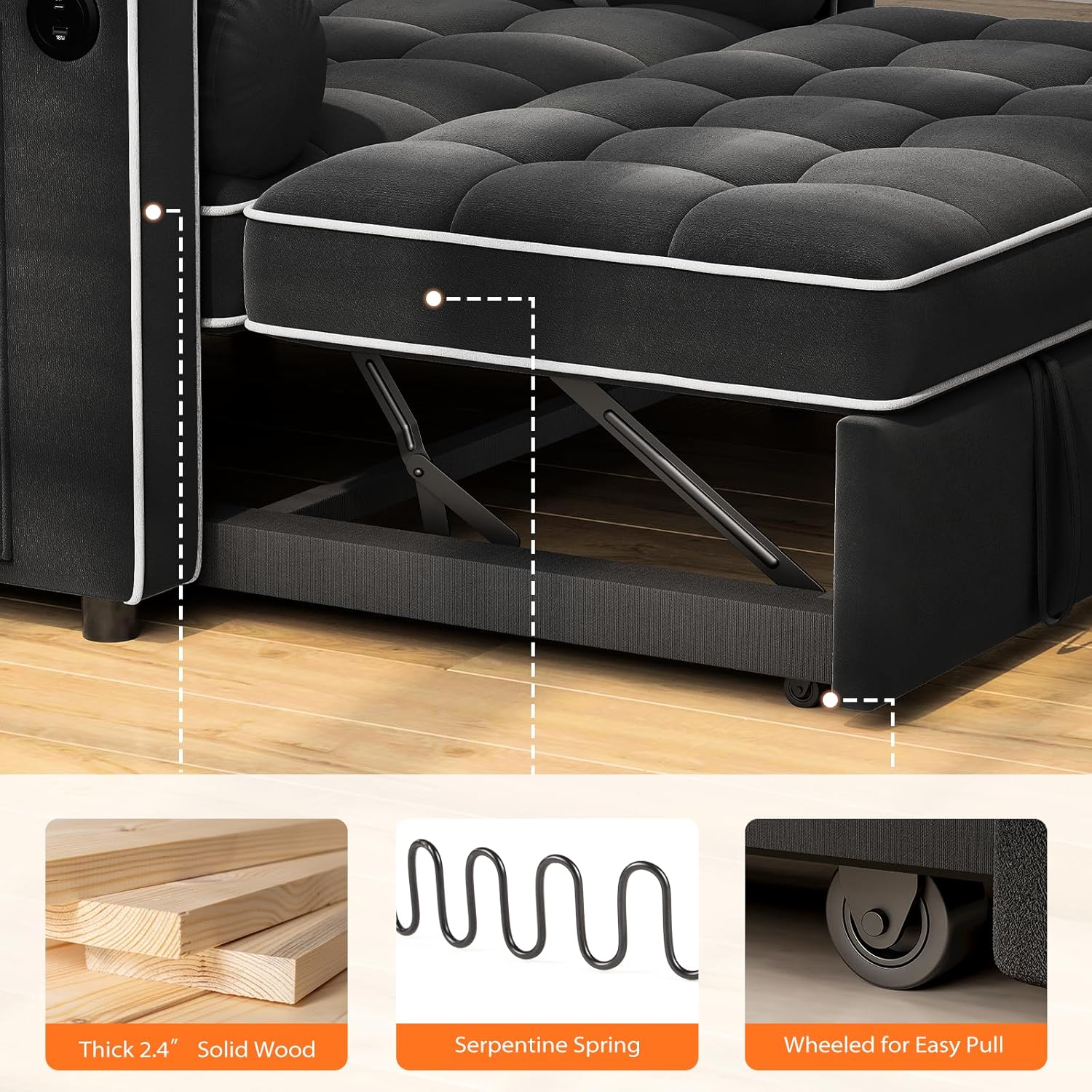 Pipishell 3-in-1 Sleeper Sofa Bed with USB & Side Pockets, Black