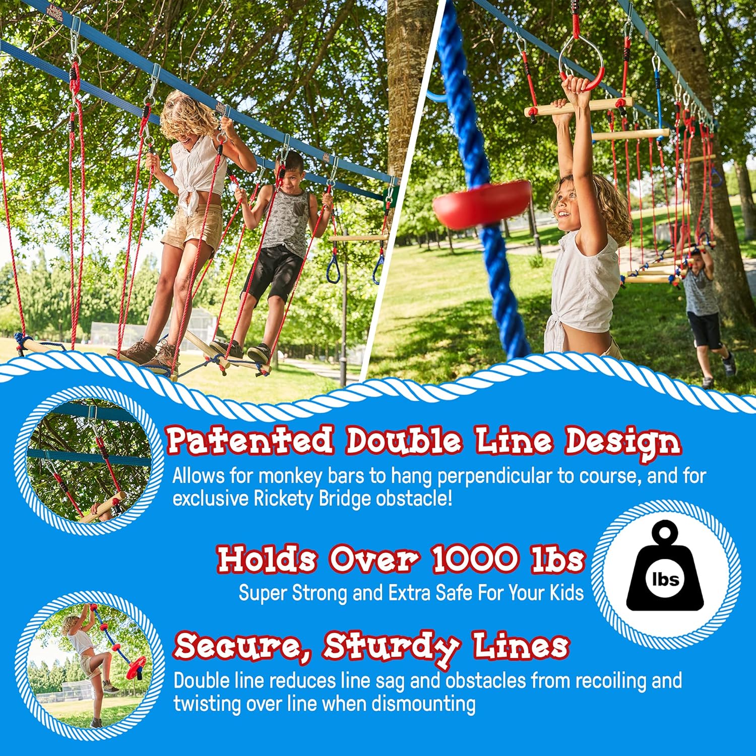 Double Slackline Ninja Obstacle Course, 110 Ft with Monkey Bars