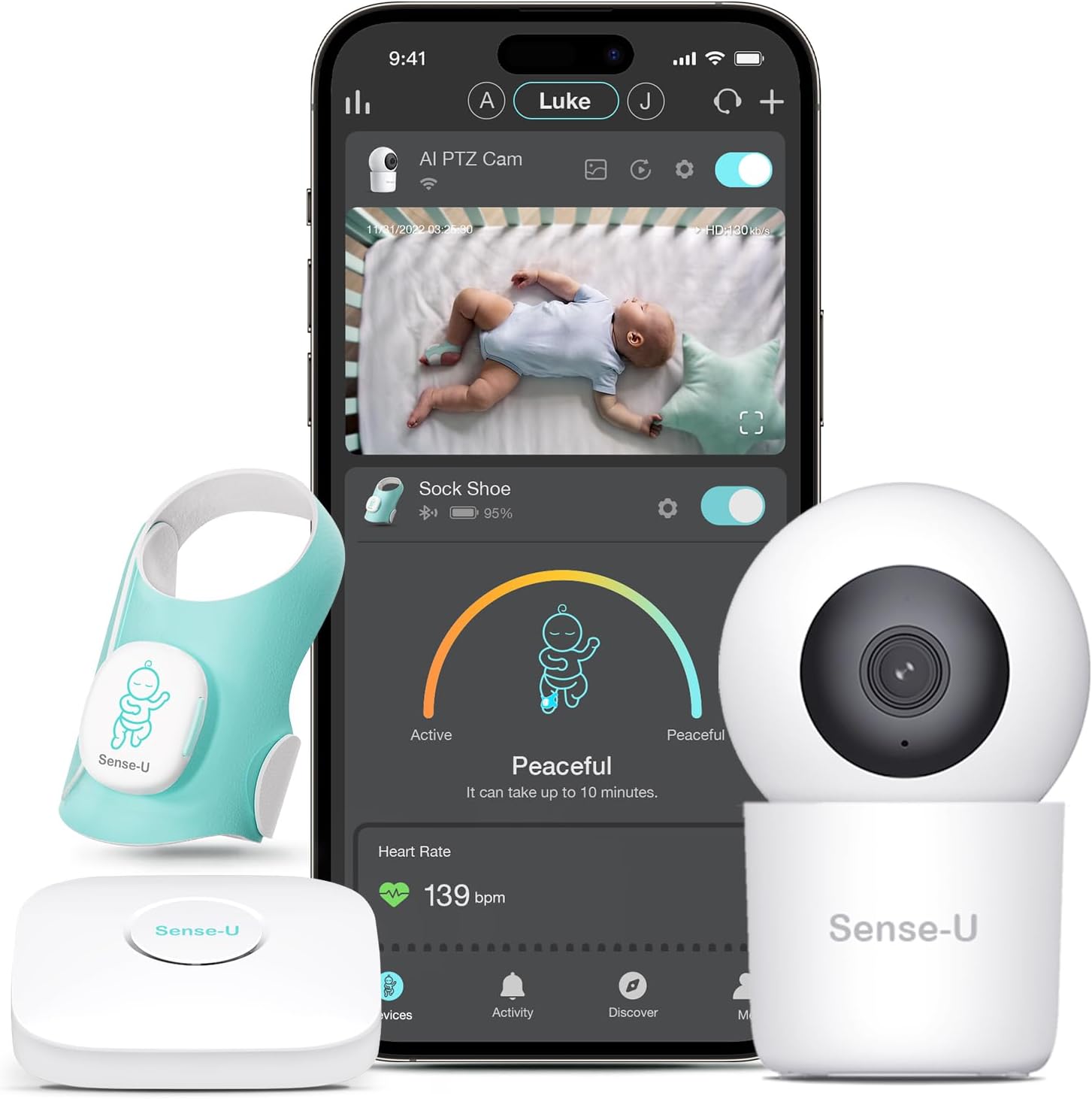 Sense-U Baby Sock Monitor Bundle with 2.5K PTZ Camera, AI Cry Detection