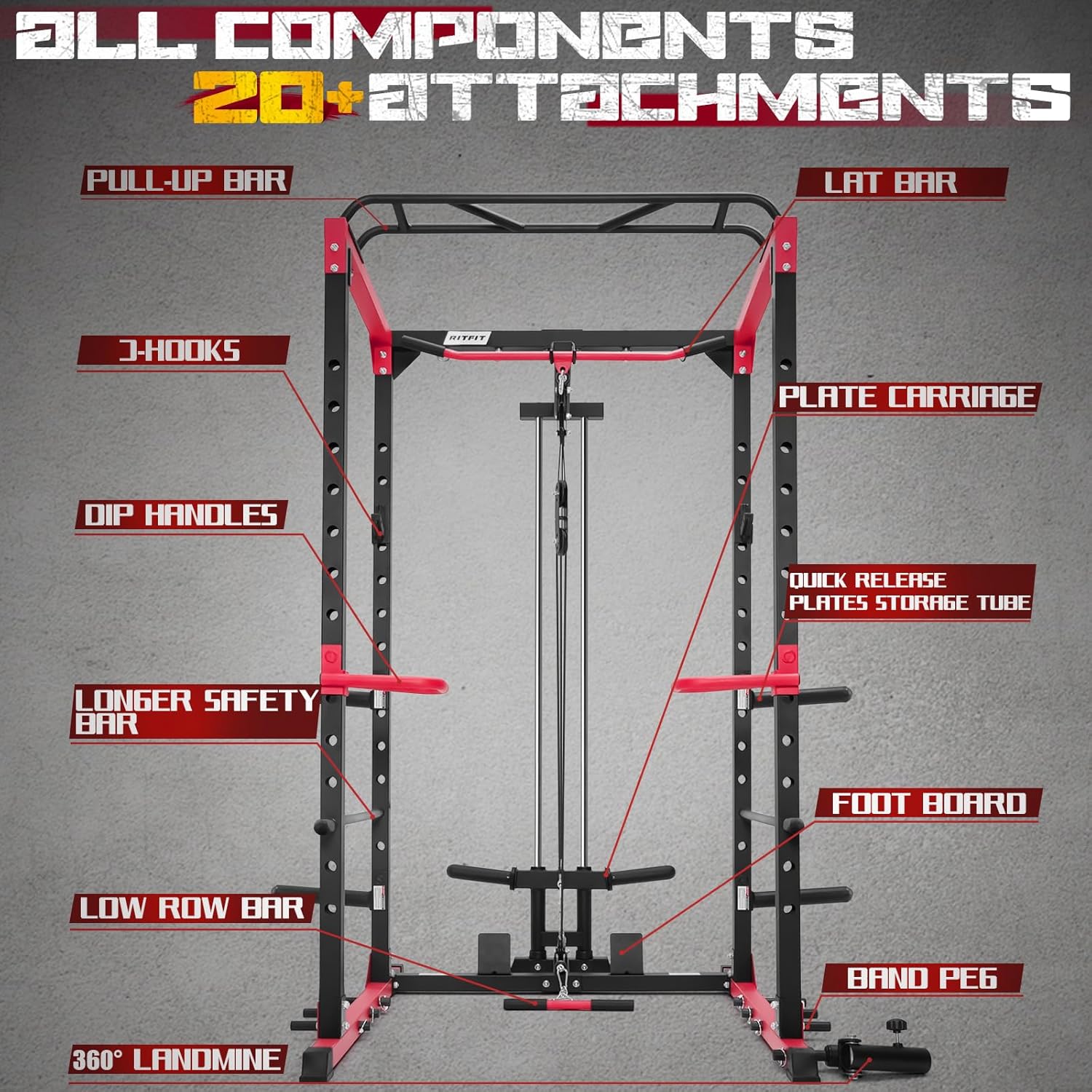 RitFit All-in-One Squat Rack, 1000lbs, LAT Pulldown, Dip Bar