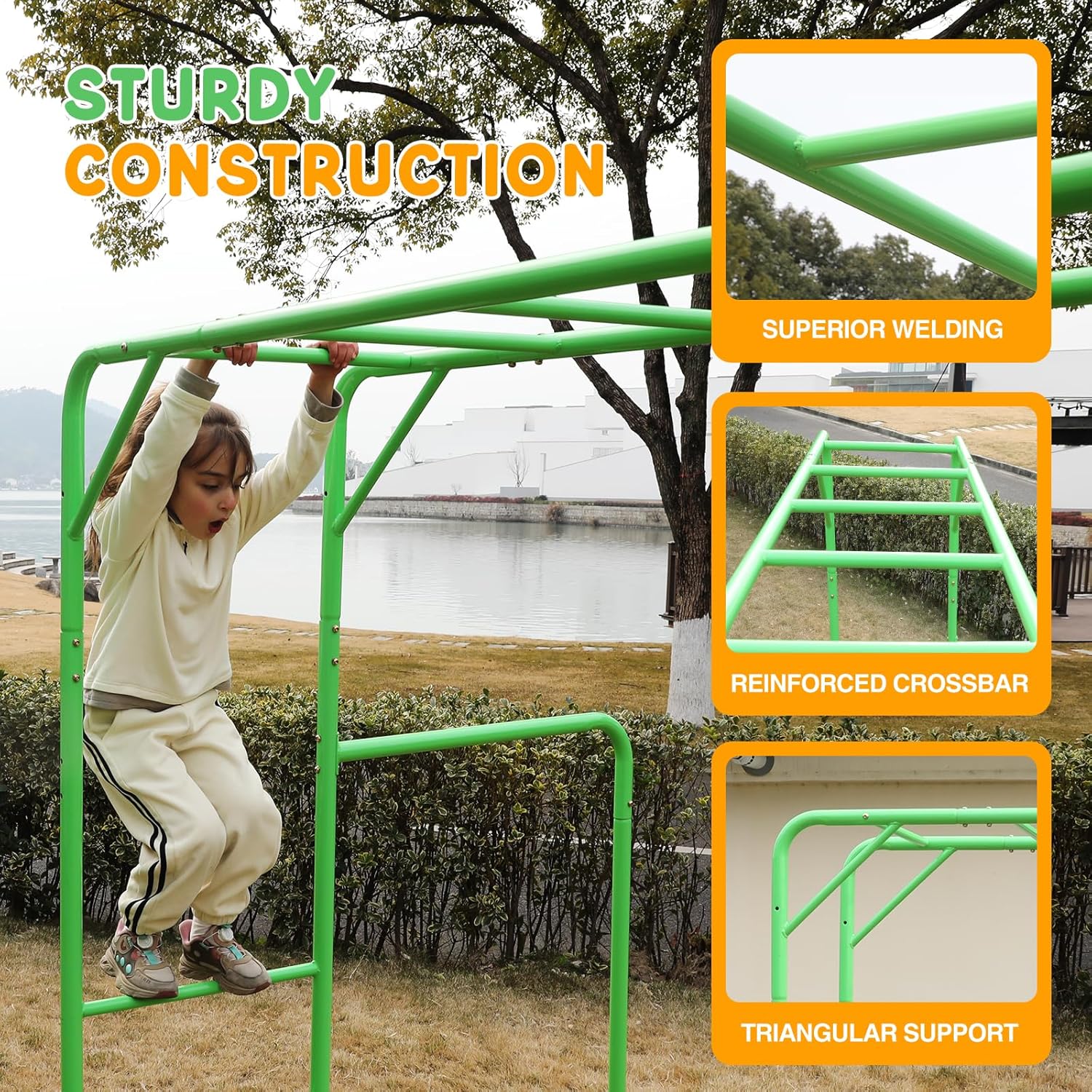 Outdoor Monkey Bar Set with Climbing Frame, Green