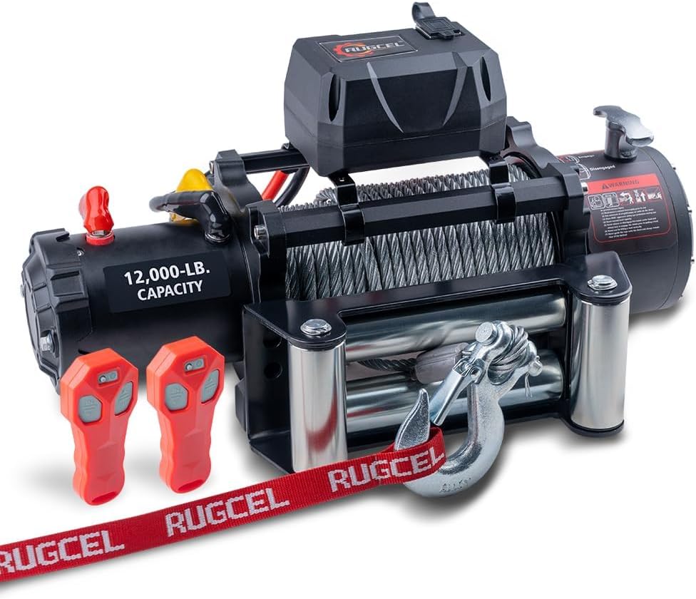 RUGCEL 12000lb Electric Winch, Steel Rope, Waterproof, 12V
