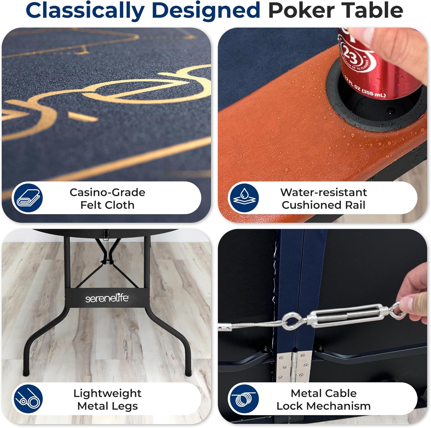 SereneLife 6ft Foldable Poker Table, 8 Player, Water-Resistant