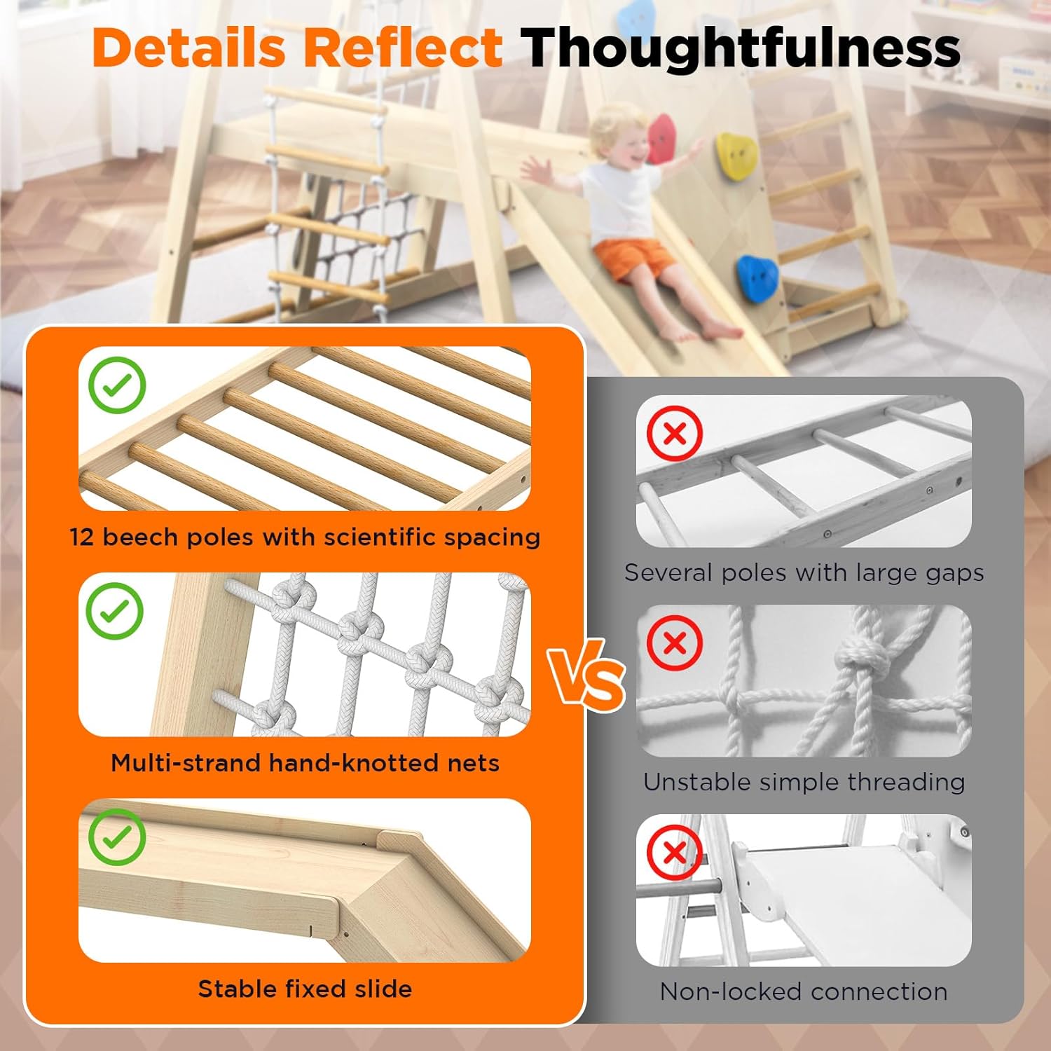 8-in-1 Indoor Wooden Jungle Gym with Slide, Swing & Monkey Bars