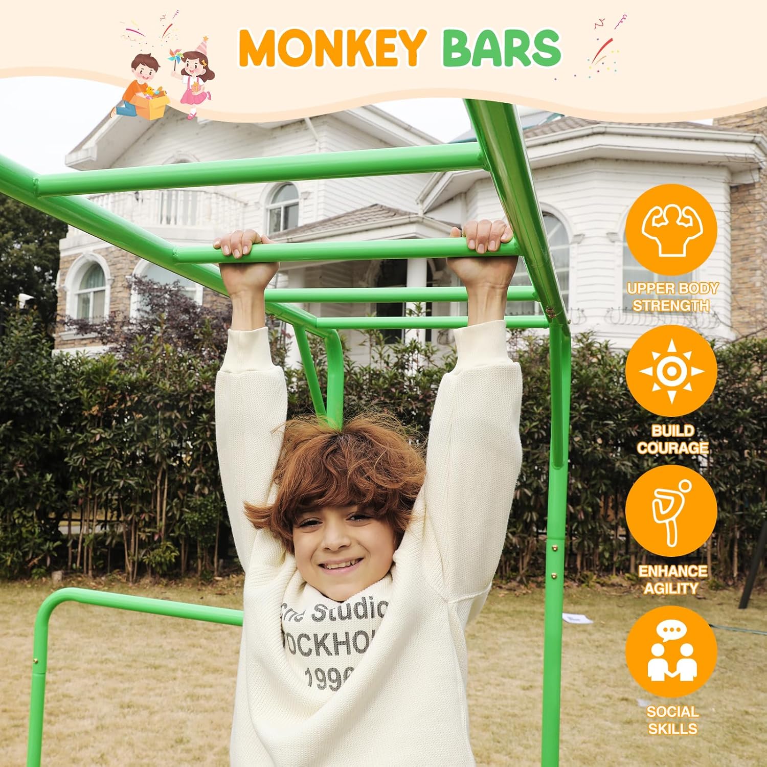 Outdoor Monkey Bar Set with Climbing Frame, Green