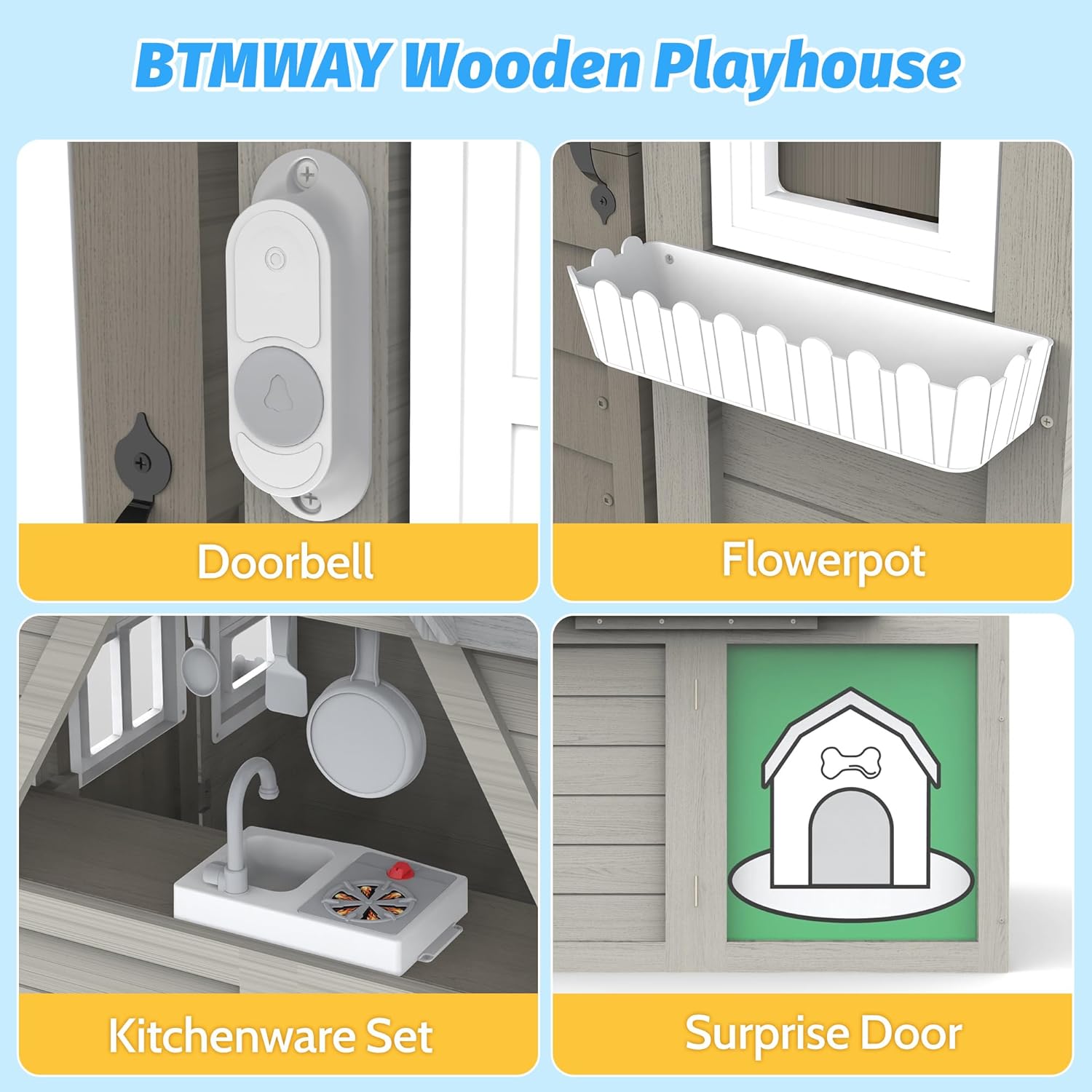 Kids Wooden Outdoor Playhouse with Kitchen & Accessories, Ages 3–8