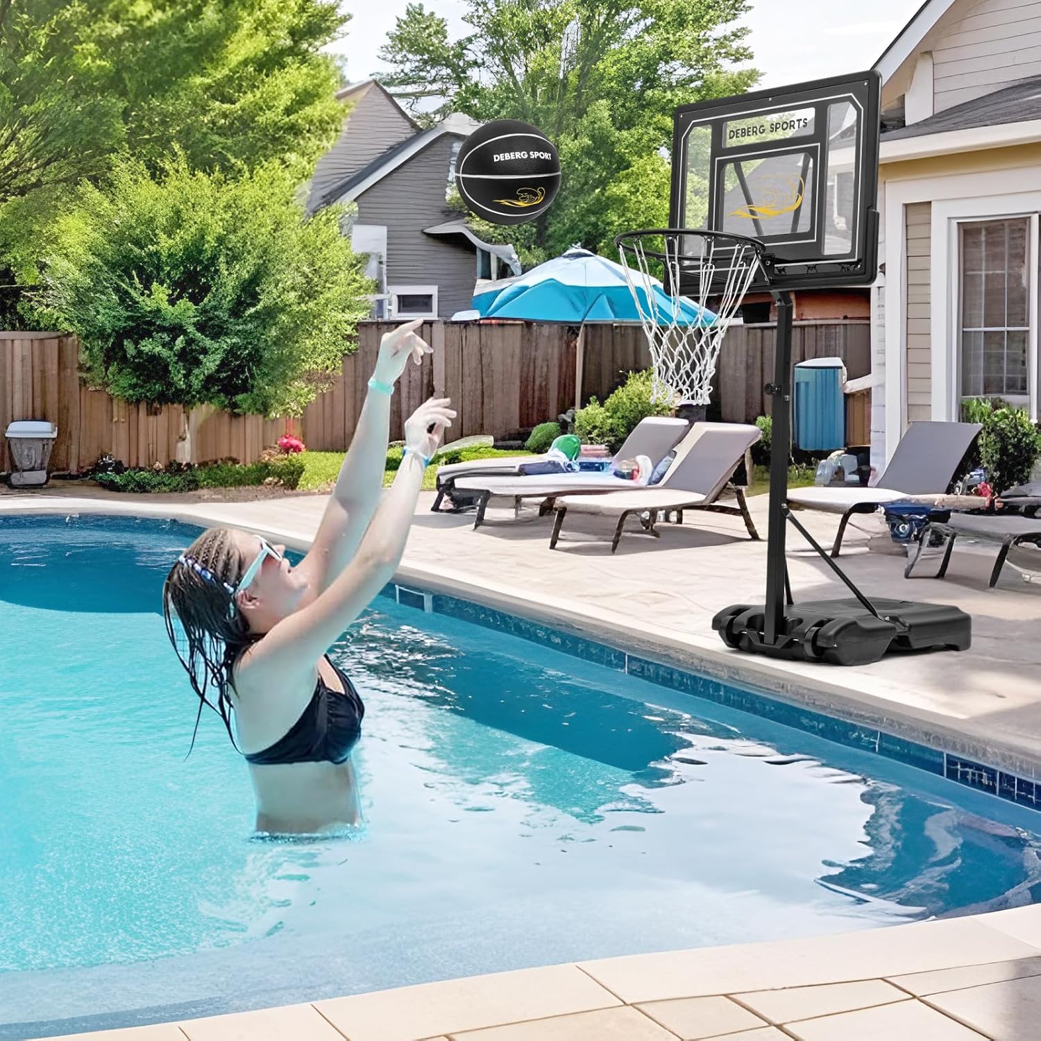 DEBERG Pool Basketball Hoop Set, Adjustable, Shatterproof Backboard