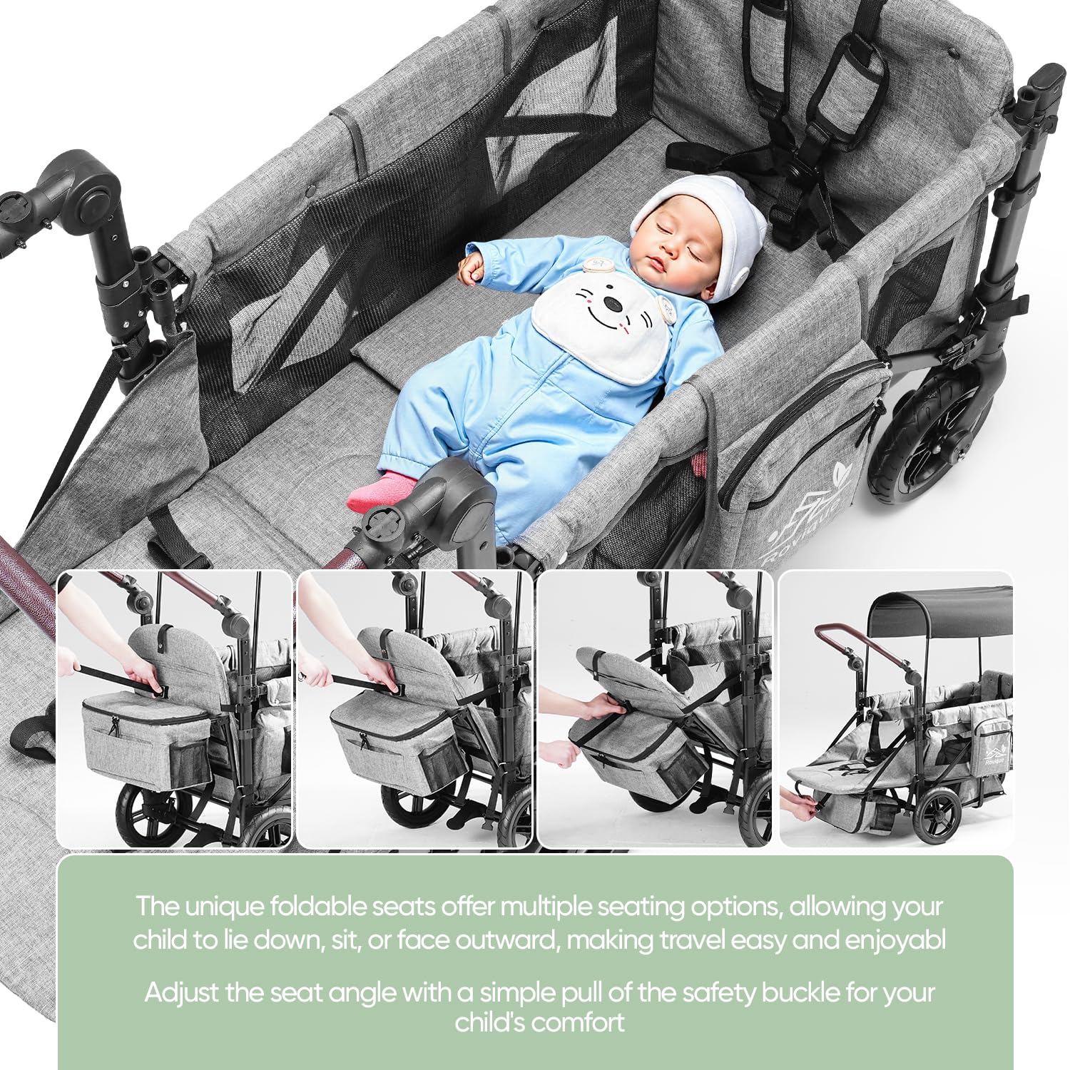 Wagon Stroller for 2 Kids, Canopy, Bassinet, Tray, All-Terrain Wheels